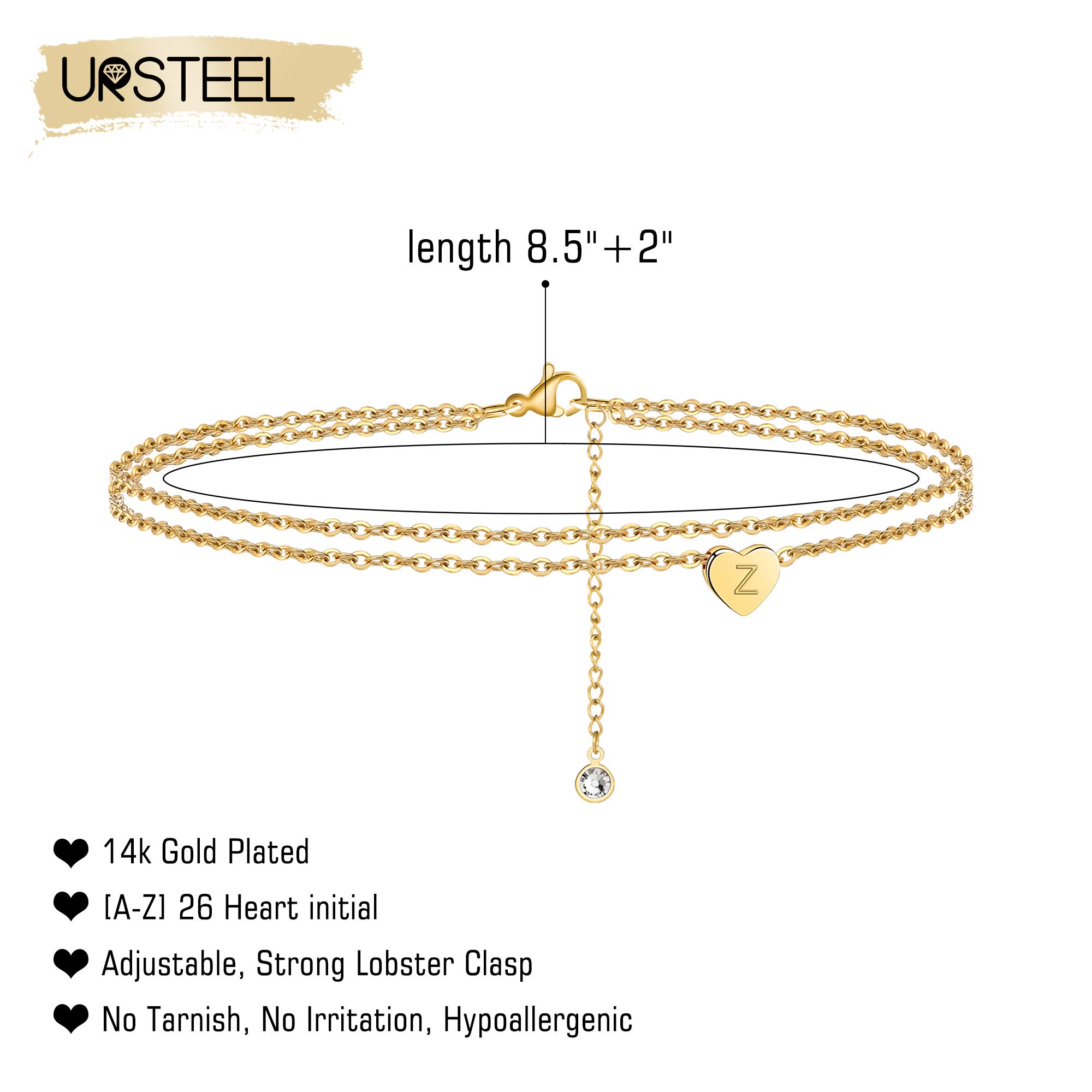 Ursteel Ankle Bracelets for Women, 14K Gold Plated Dainty Layered Heart Initial Anklets for Women Gifts: Z