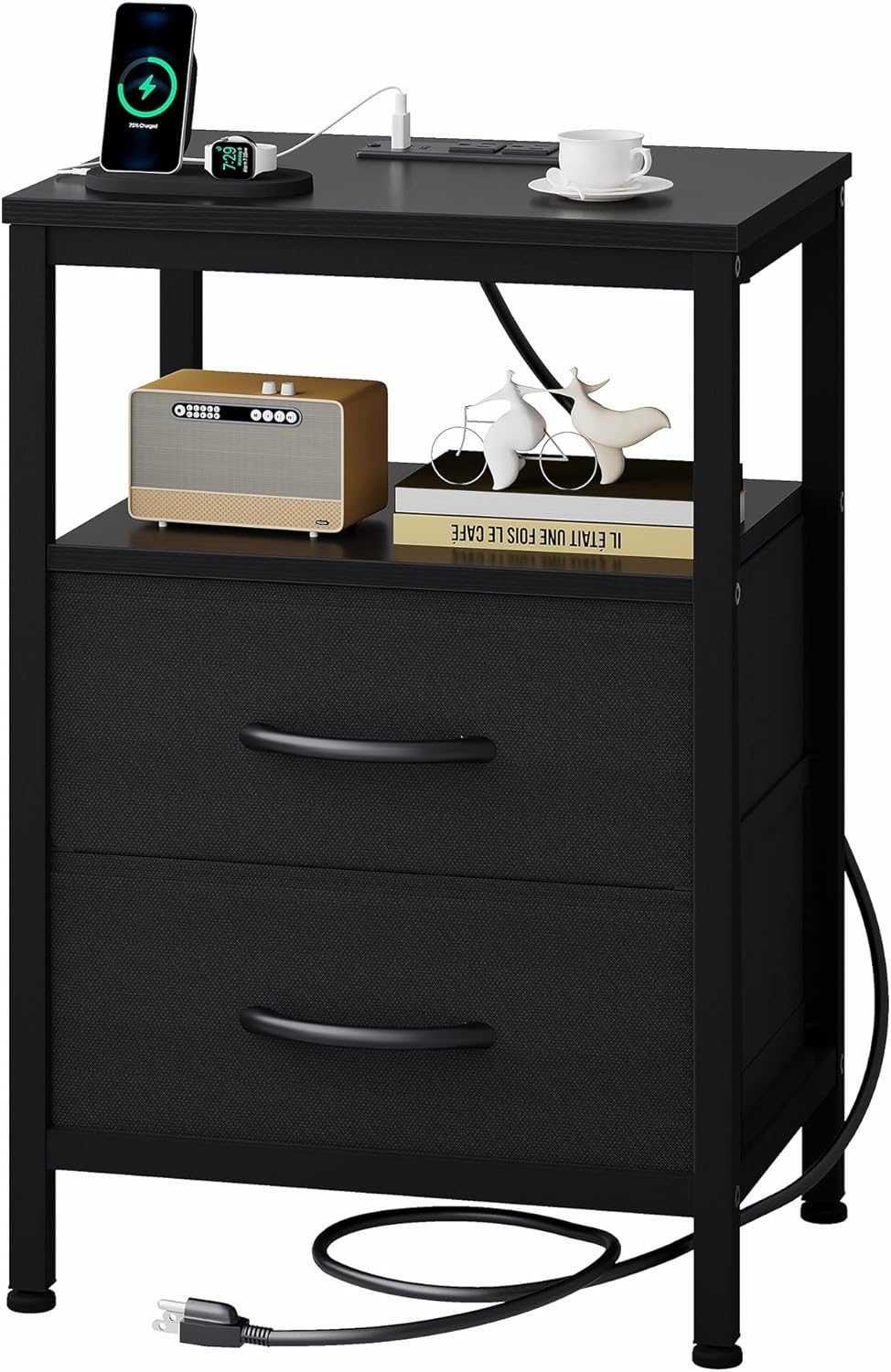 OLIXIS Nightstands Set of 2 with Charging Station, Bedside Table with USB Ports & Type-C, 2 Fabric Drawers Night Stand with Open Shelf, Compact End Table for Bedroom, Black
