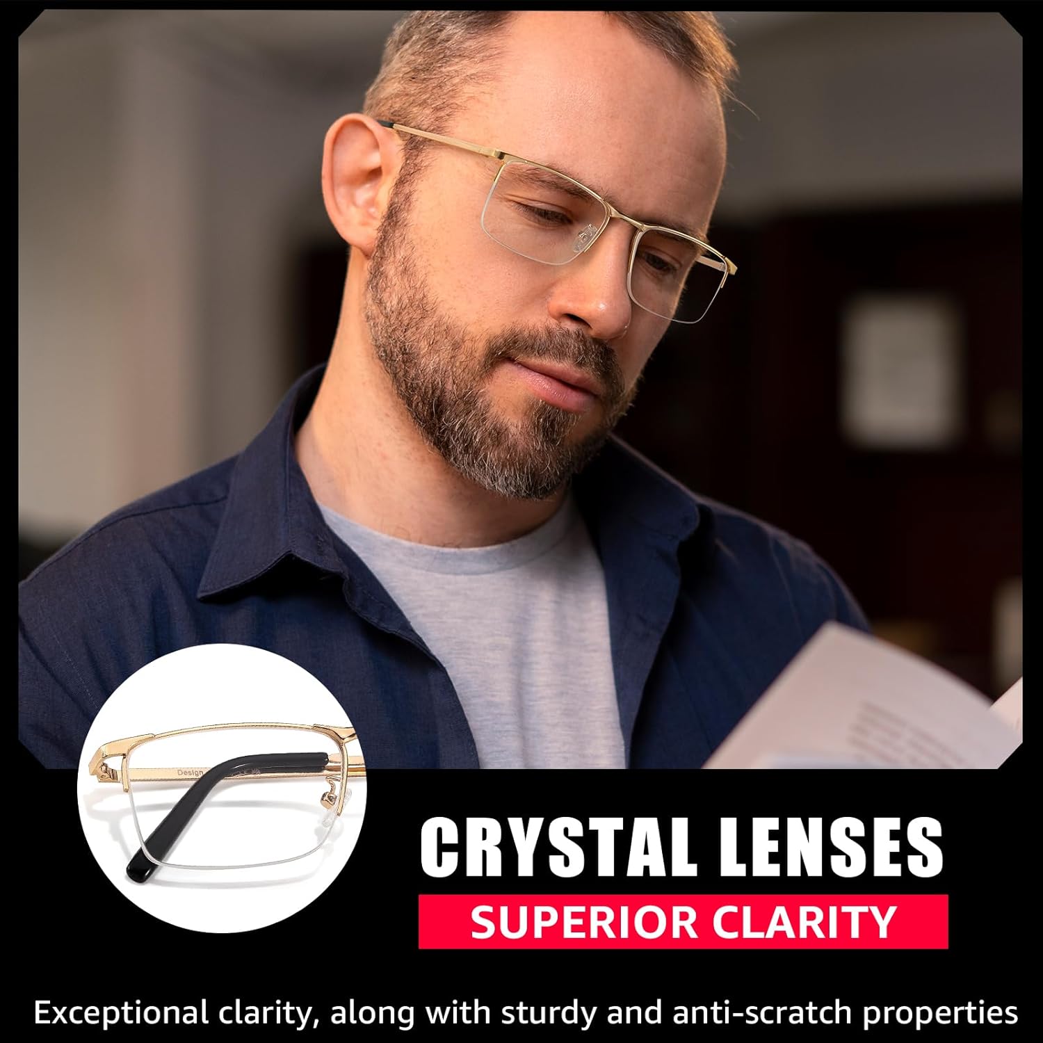 IGnaef Natural Crystal Stone Lenses Reading Glasses for Men Clear Real Glass Lens UV400 Protection IF2223