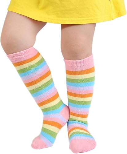 Miniatura 7 de EPEIUS Calcetines altos hasta la rodilla con rayas de arco iris para bebé, calcetines de tubo antideslizantes para uniforme de fútbol para niños