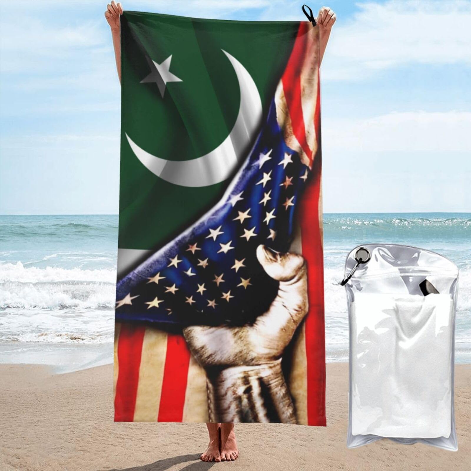 HACXZ Large Camping Towel America Flag and Pakistan Pakistani Flag Microfiber Beach Towel Bathroom Beach Towels