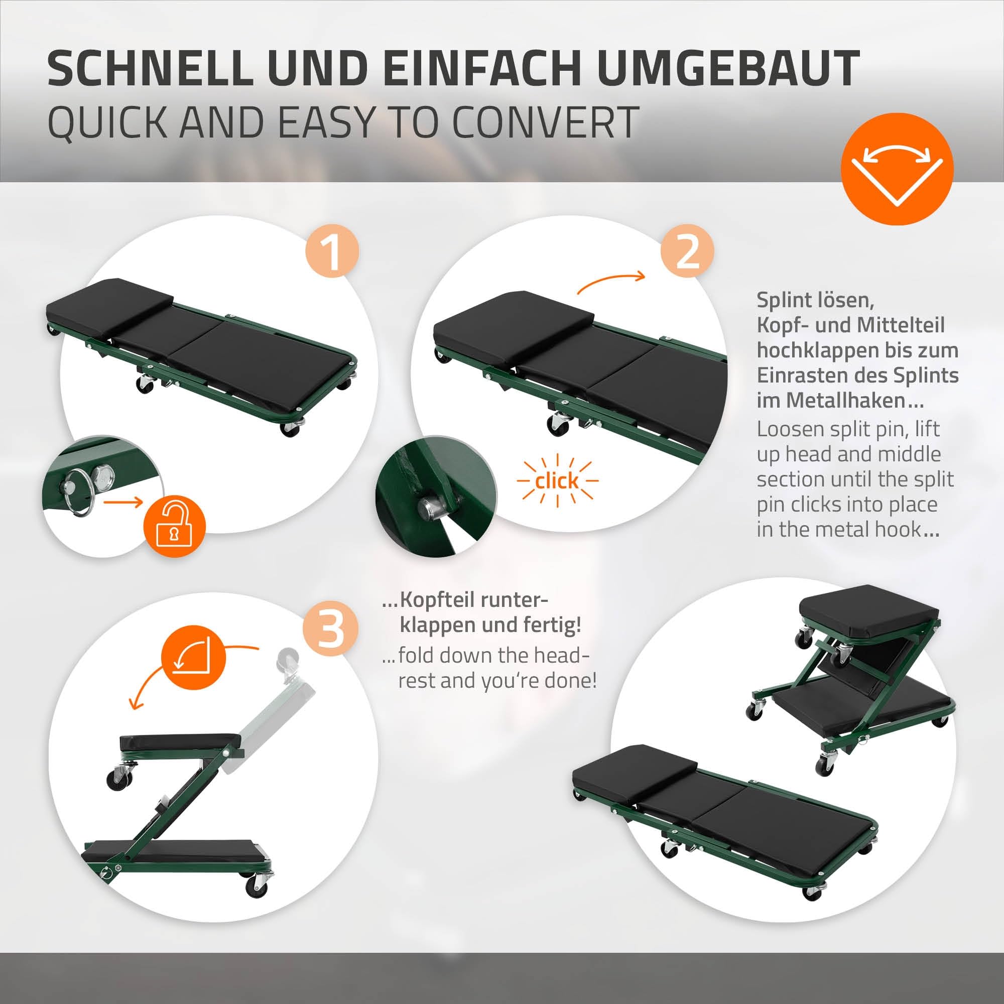 ECD Germany siedzisko montazowe i rolkowa deska warsztatowa 2w1 ze stali zielona skladana 360° stolek warsztatowy i lezanka warsztatowa do 150 kg idealna do napraw samochodów wymiany opon i serwisu
