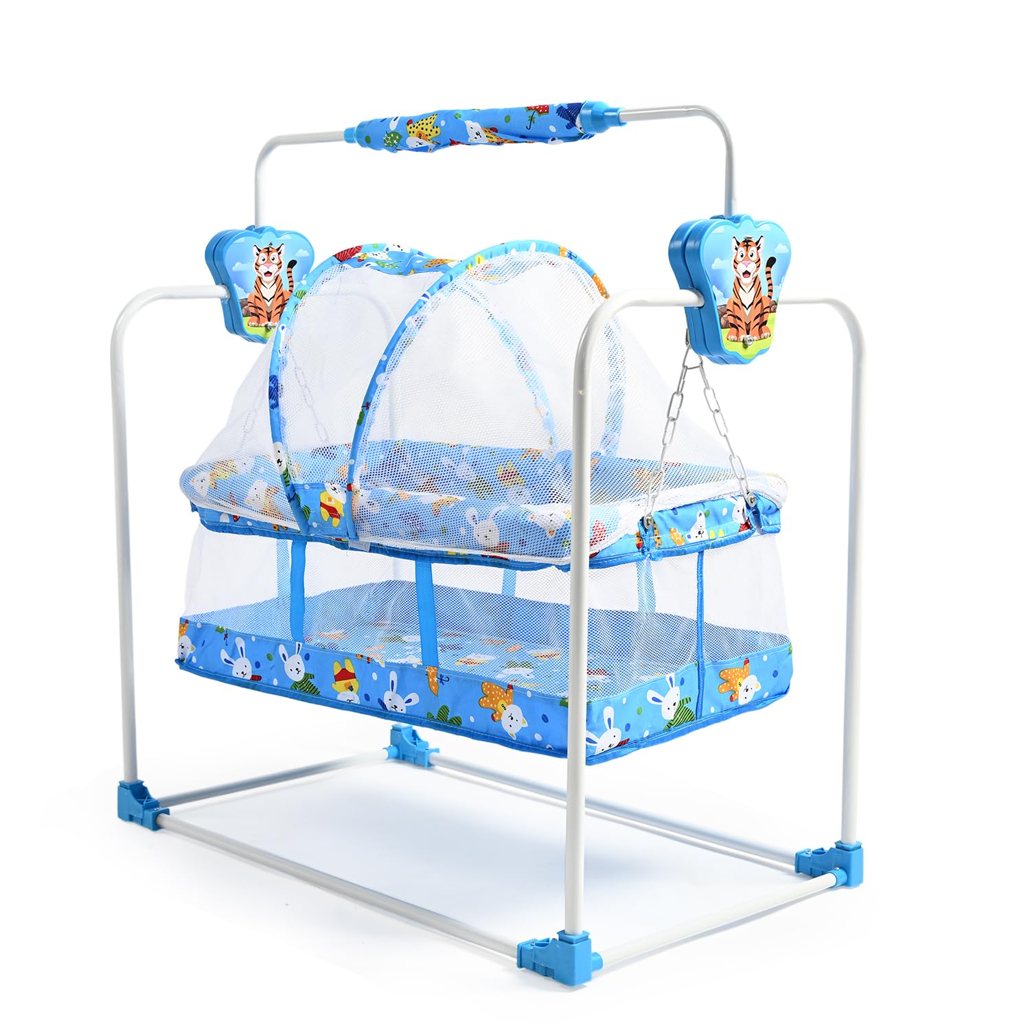 BUBBLEBABY Baby Cradle | Jhula | Baggi | Palna | Ghodiyu | Ventilated | with Swing & Mosquito Net | 0-12 Months | Four Wheels | Polypropylene | Safe & Sturdy | Foldable | Tiger | Blue