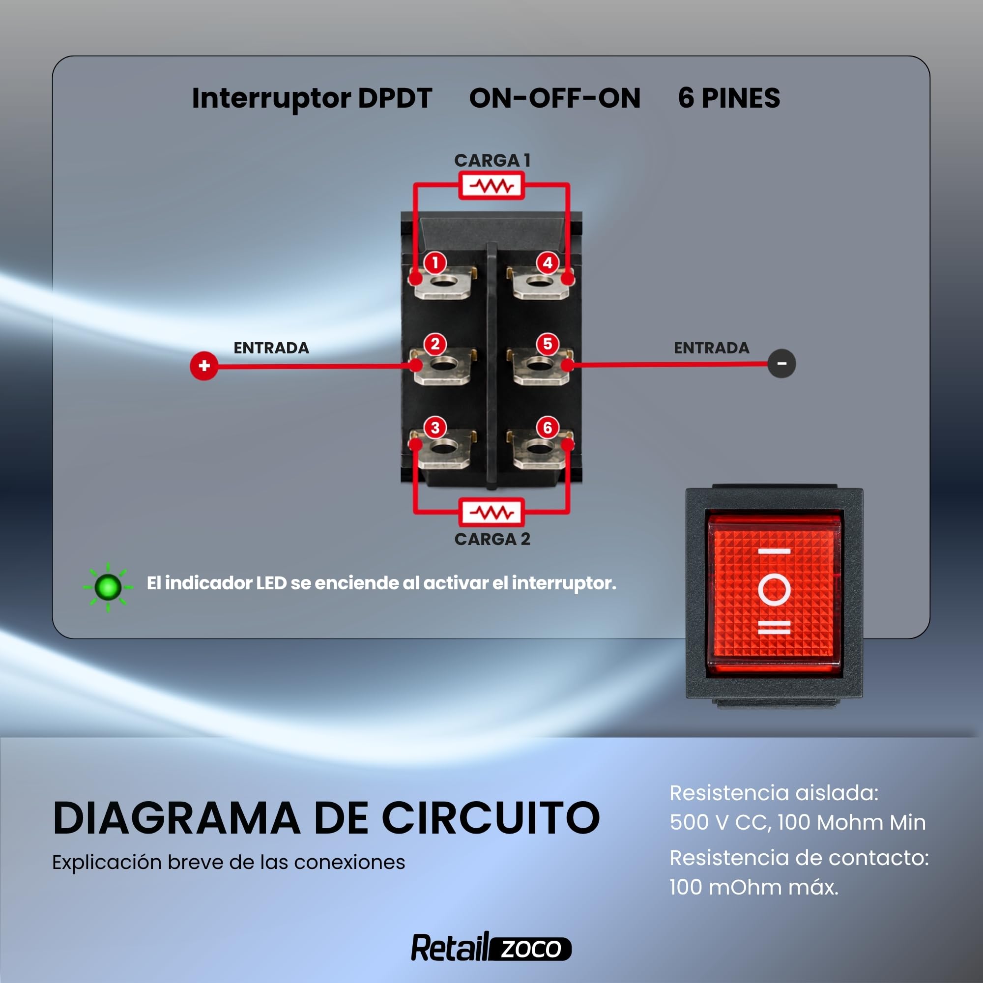 Interruptor Basculante DPDT ON/OFF/ON 6 pin, 1 Unidade - imagen 2