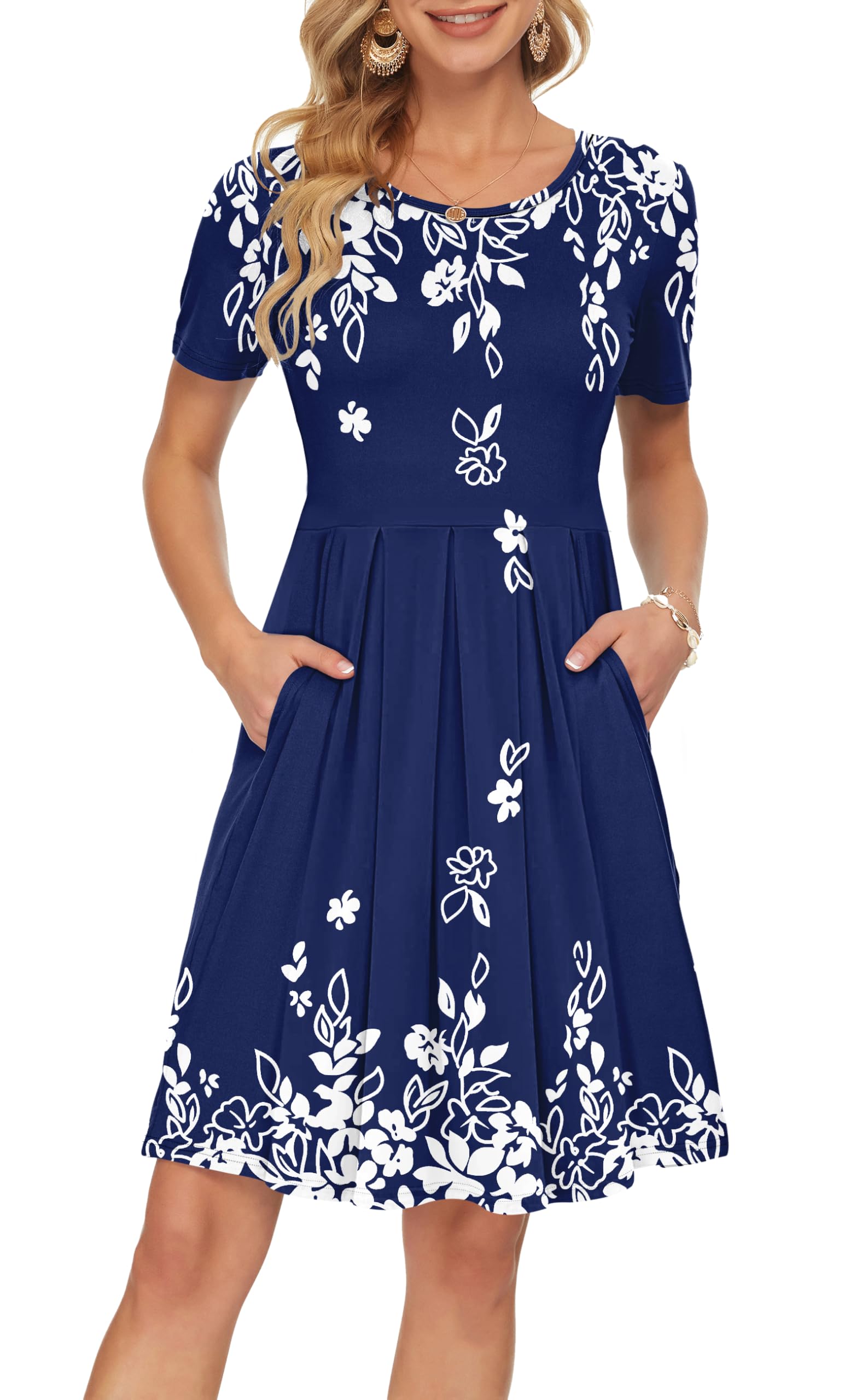 AUSELILY Women's Short Sleeve Pleated Swing Summer Dress with Pockets