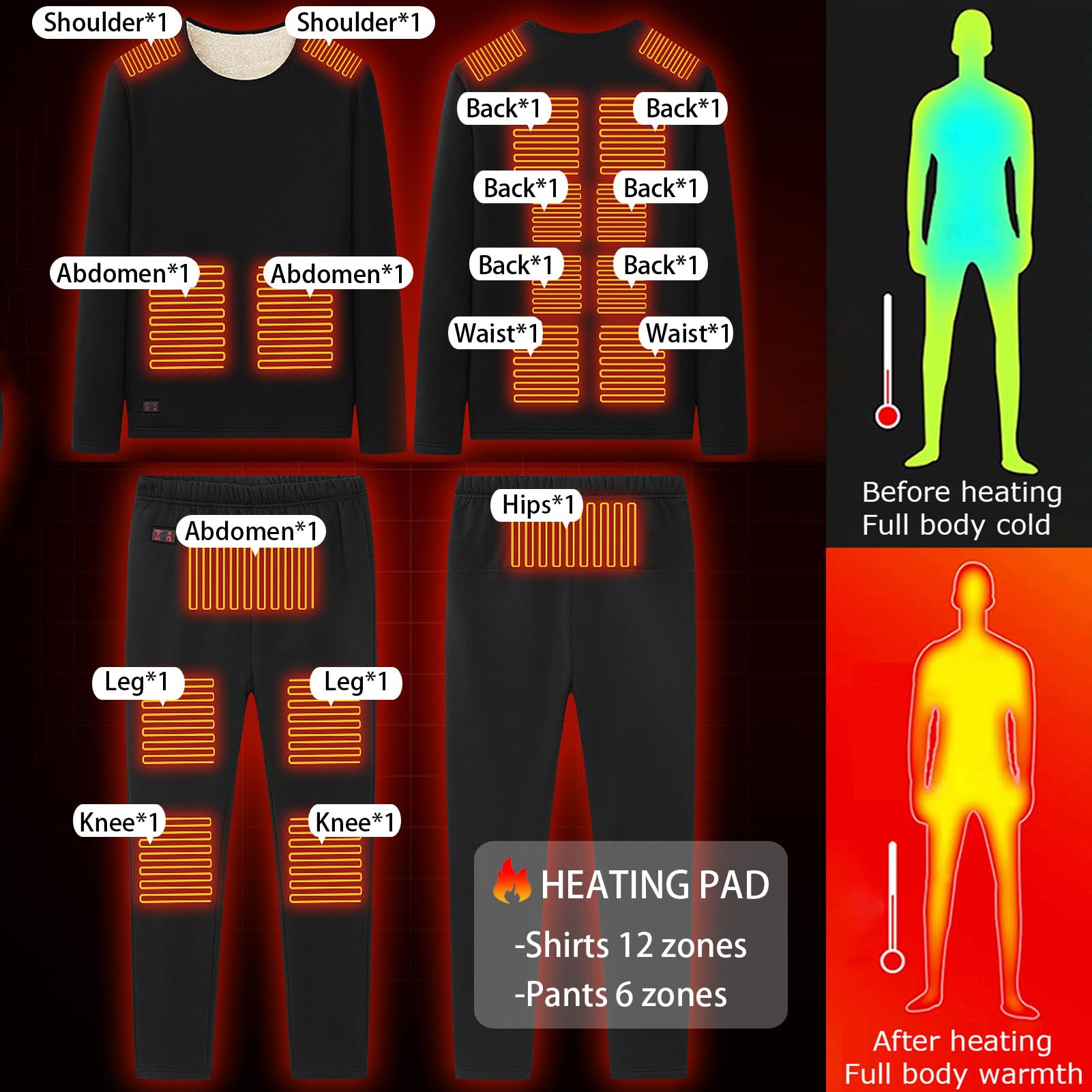 Set Intimo Termico Riscaldato Unisex, 18 Zone/30 Zone Winters Heating Baselayer Intimo Camicia E Pantaloni con Batteria