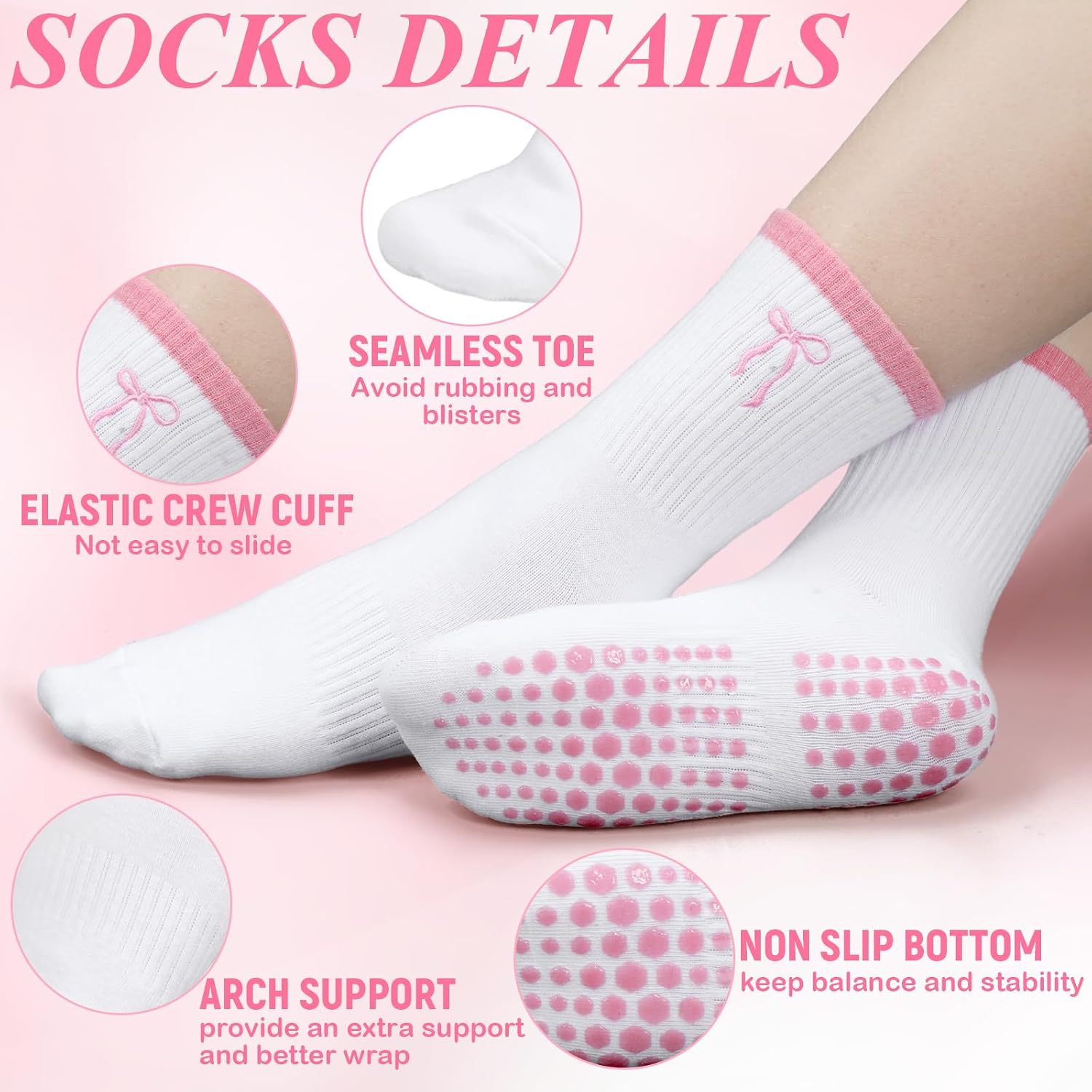 Jeyiour 5 Pairs Cute Pilates Socks with Grips for Women Coquette Pink Bow Non Slip Grippers for Pilates Yoga Ballet Dance