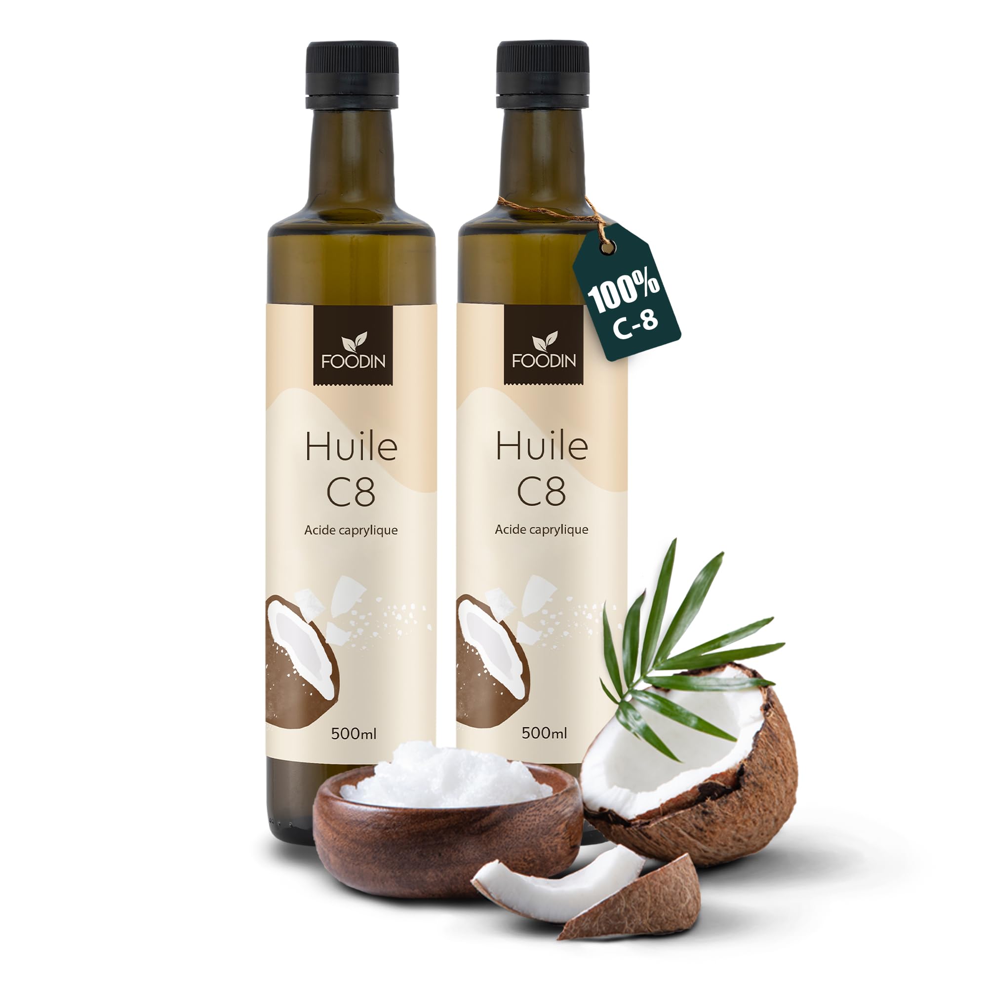 FOODIN Huile MCT C8 – 1000 ml (2 x 500 ml) – 100% C8 à base de Coco – Sans Goût – Pour Régime Cétogène – 3x Plus de Cétones