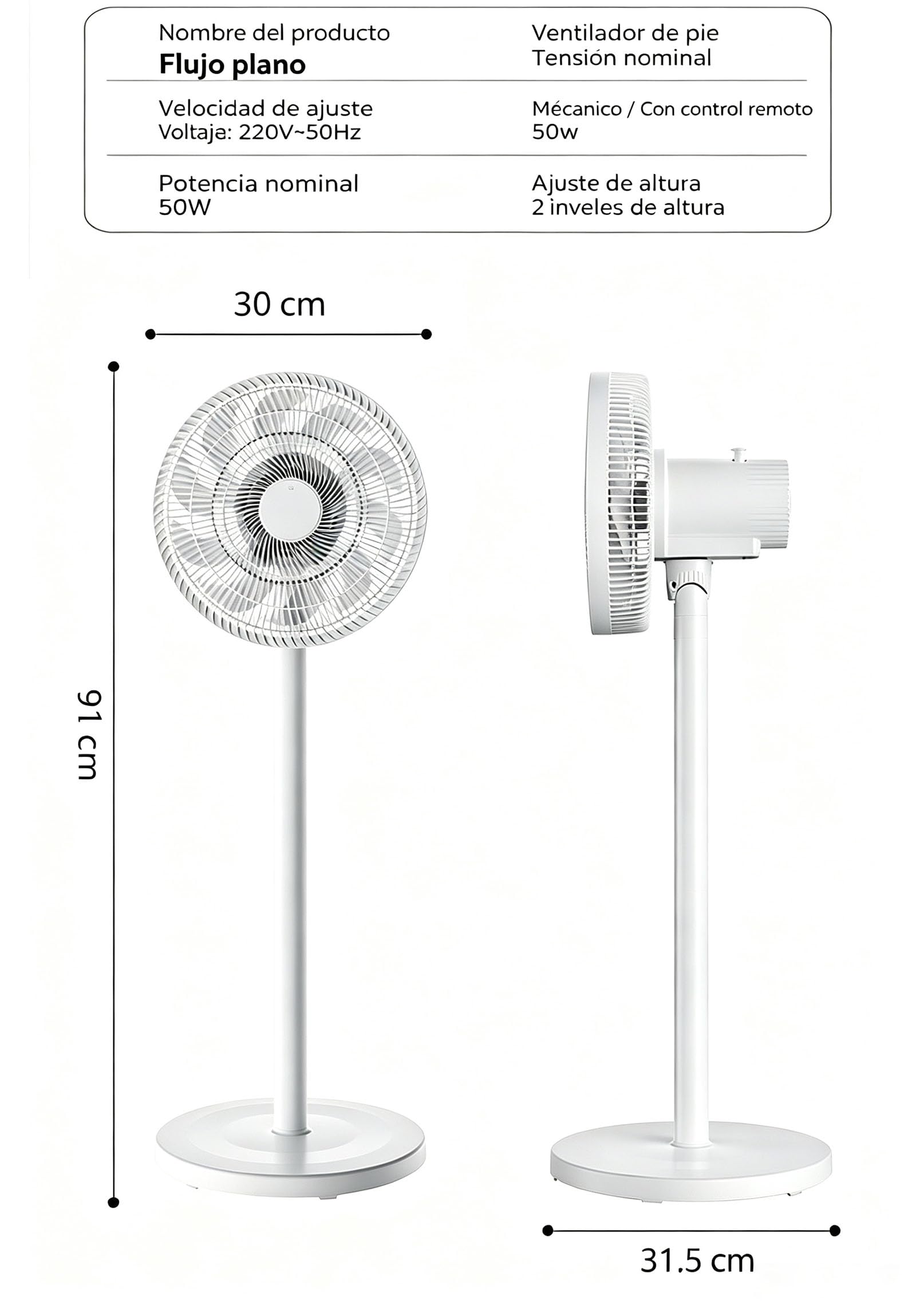 Ventilador de Pie Silencioso Blanco 50 W, 3 Velocidades | 30 cm, 91 cm Altura, Oscilación Automática, Doble Uso: Mesa o Pie, Base Estable, Hogar y Oficina