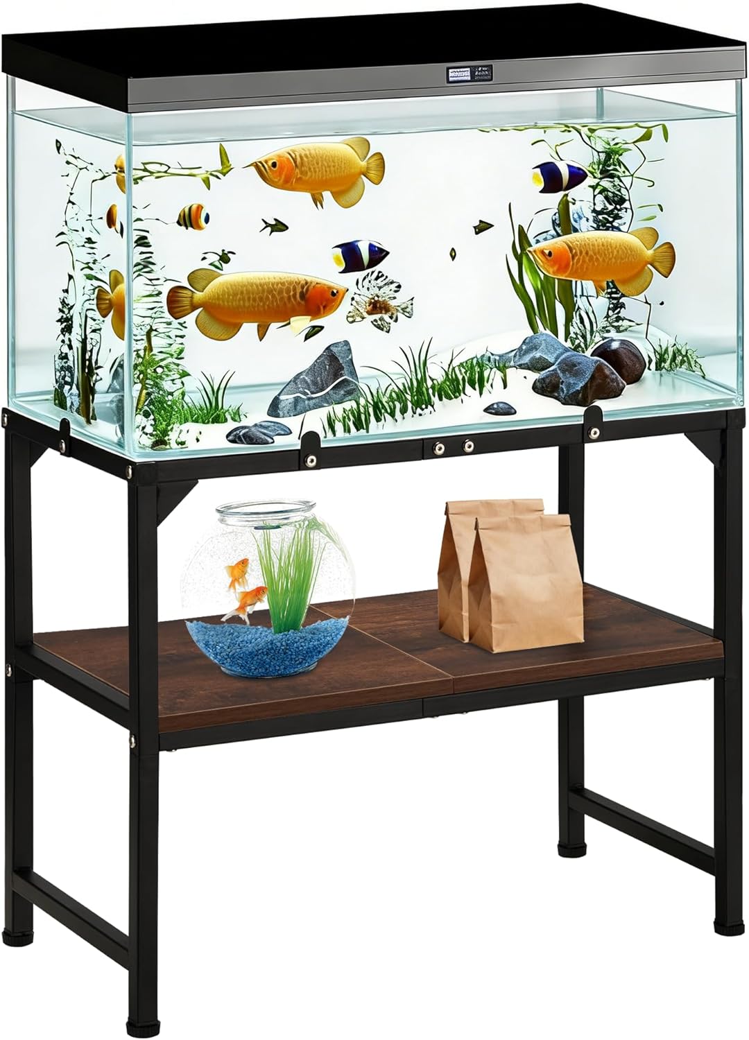 10-20 Gallon Fish Tank Stand, Metal Aquarium Stand with Adjustable Non-Slip Foot and Wooden Shelf, Reptile Tank Stand Easy to Assemble for Home Office, Firm and Steady(Tank not Included)