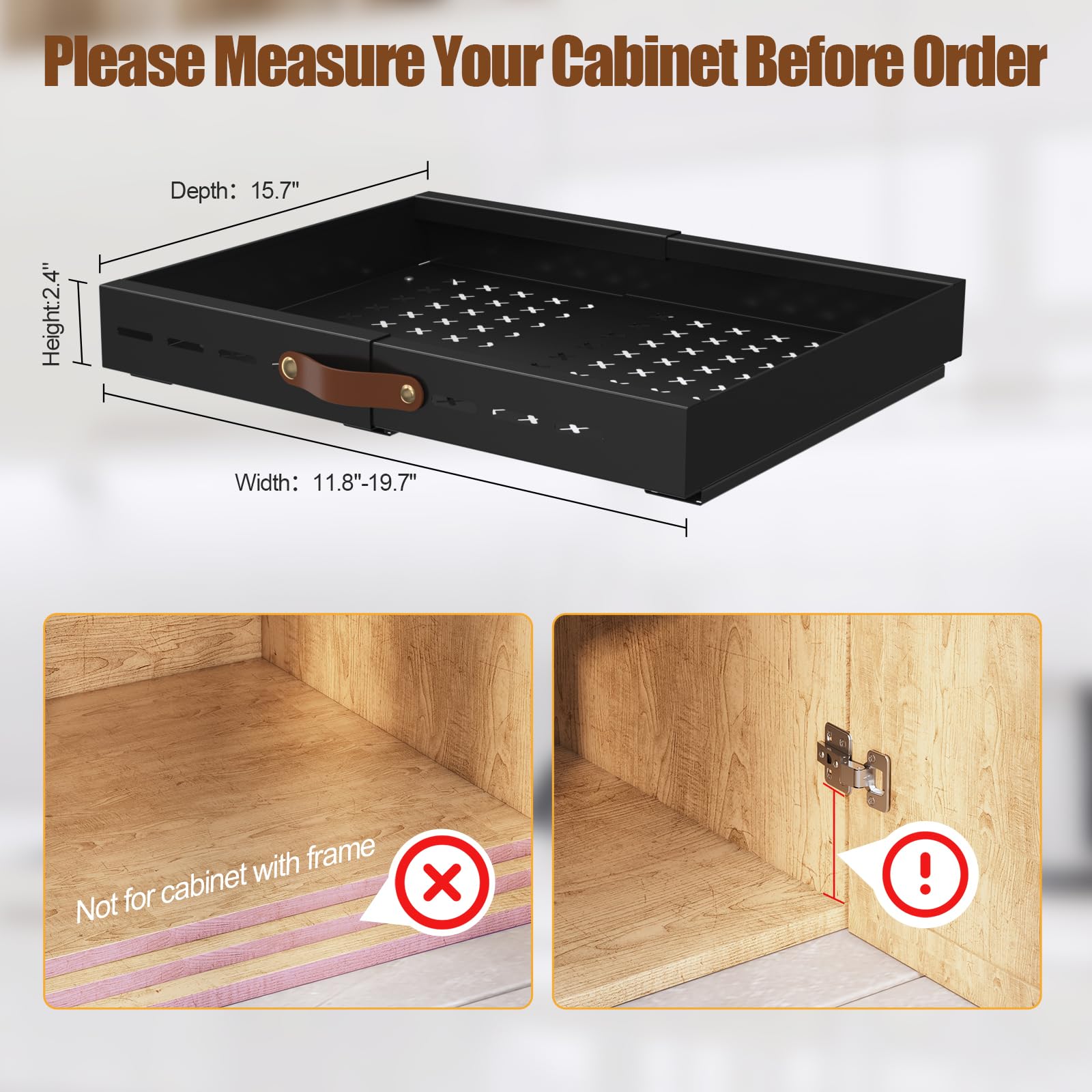 Livofloral Telescopische lade, uittrekbare lade, voor keuken, verstelbare breedte, uittrekbare kast, organizer, geen boren, voor keuken en woonkamer, 30-50 cm B x 40 cm D x 6 cm H, zwart, 1 stuk