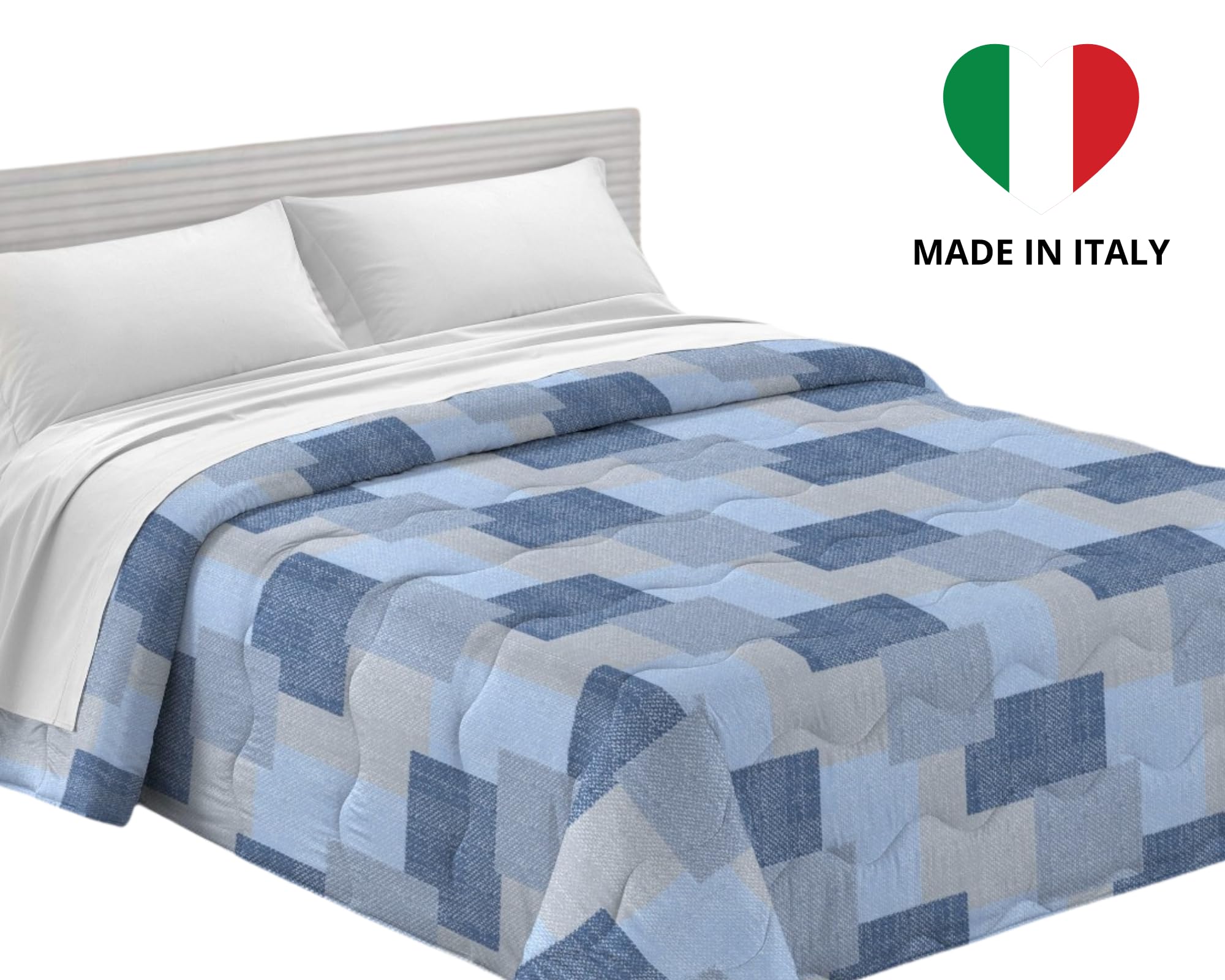 Tata Home Trapunta Invernale Matrimoniale Imbottita 300 gr/mq Caldo Piumone Misura 260x260 cm Fantasia Mosaico Moderno Made in Italy Colore Blu Azzurro