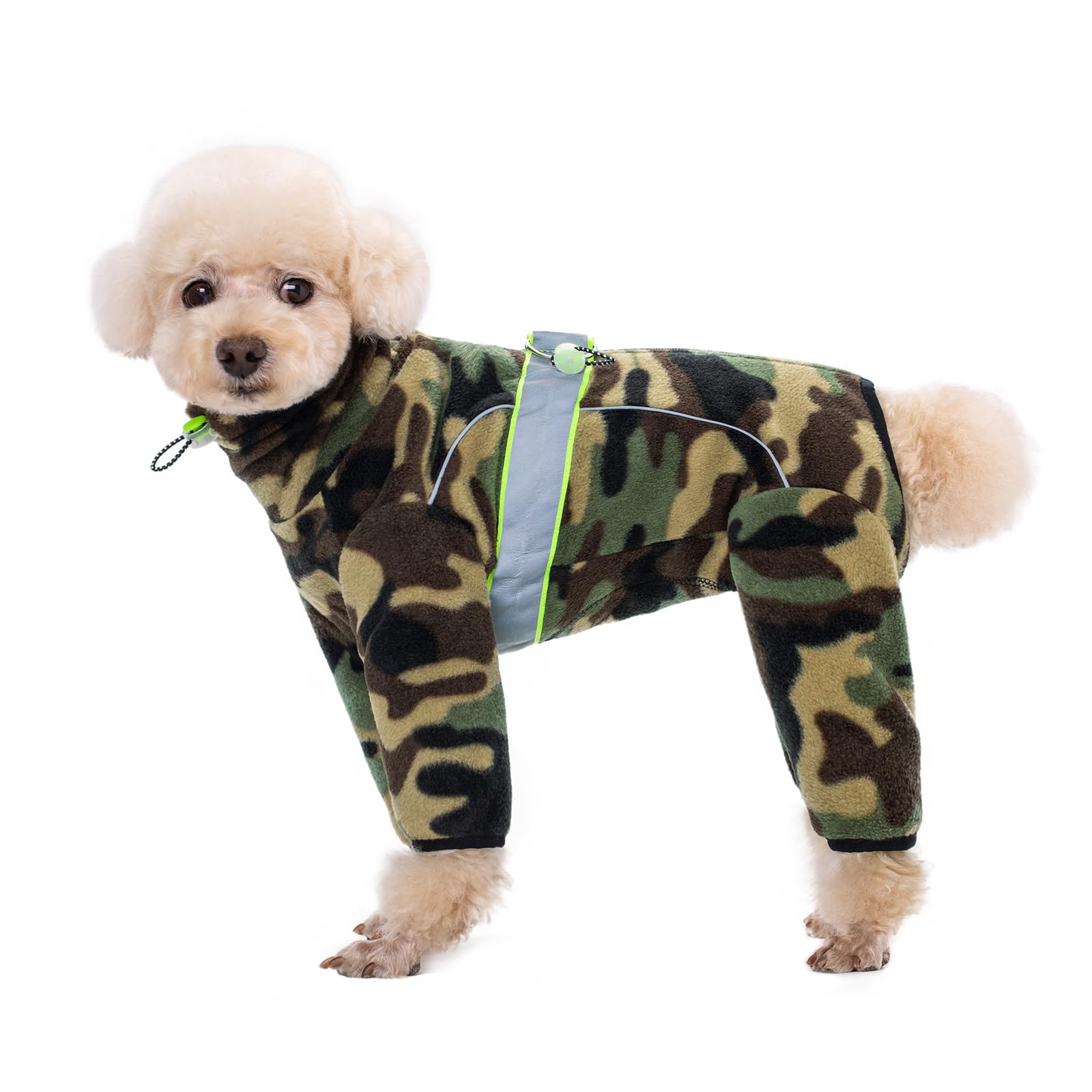 Dog Winter Warm Clothing,Dog Full Coverage Fleece Onesies Pajamas,Adjustable Chest Reflective Strip Dog Jumpsuits Four-Legged Clothing for Small Medium Dogs_M(Army Green)