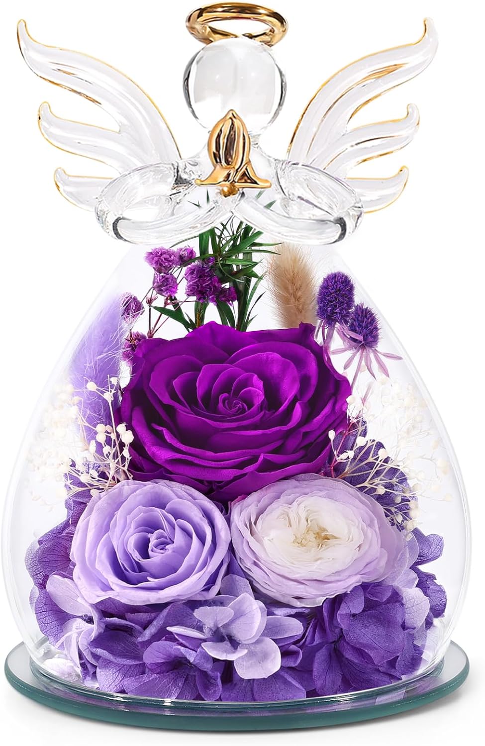 Birthday Gifts for Women Mom Preserved Roses in Glass Angel Figurines Fresh Flowers for Delivery Forever Flowers Eternal Rose Christmas for Grandma Sister Wife Her from Daughter Purple(rose, Austin, Baby's Breath, Hydrangea) - Image 1 of 6