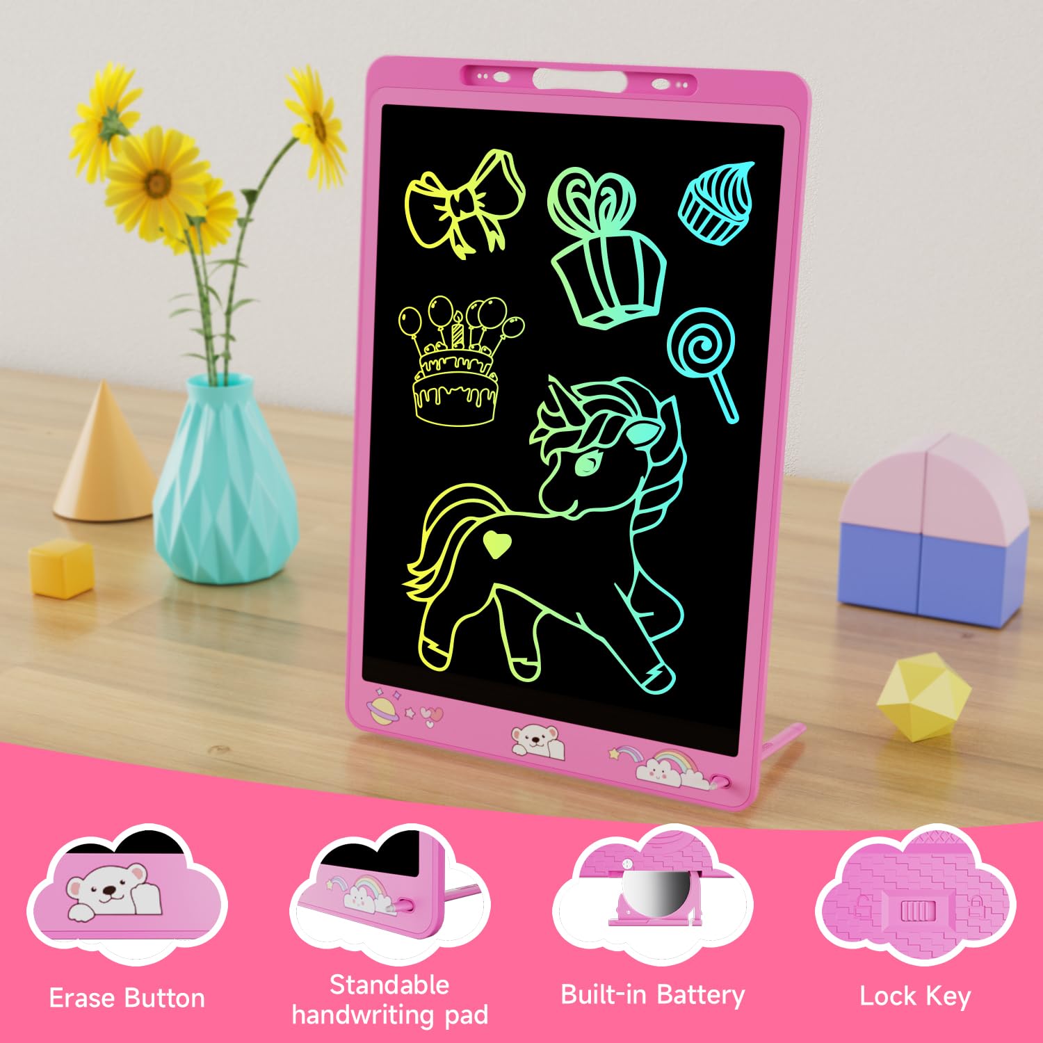Electight 16 Inch Writing Board, Light Up Colorful Screen Doodle Board, Toddler Educational Toys for 3-9 Years Old Boys Girls, Reusable Kids Drawing Pad, Birthday Christmas Toys Gifts(Pink) — view 3