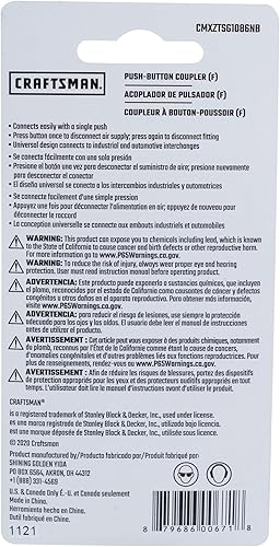 Miniatura 8 de CRAFTSMAN Acoplador de botón, hembra, compatible con enchufe industrial y automotriz NPT de 1/4 pulgadas, desconexión rápida