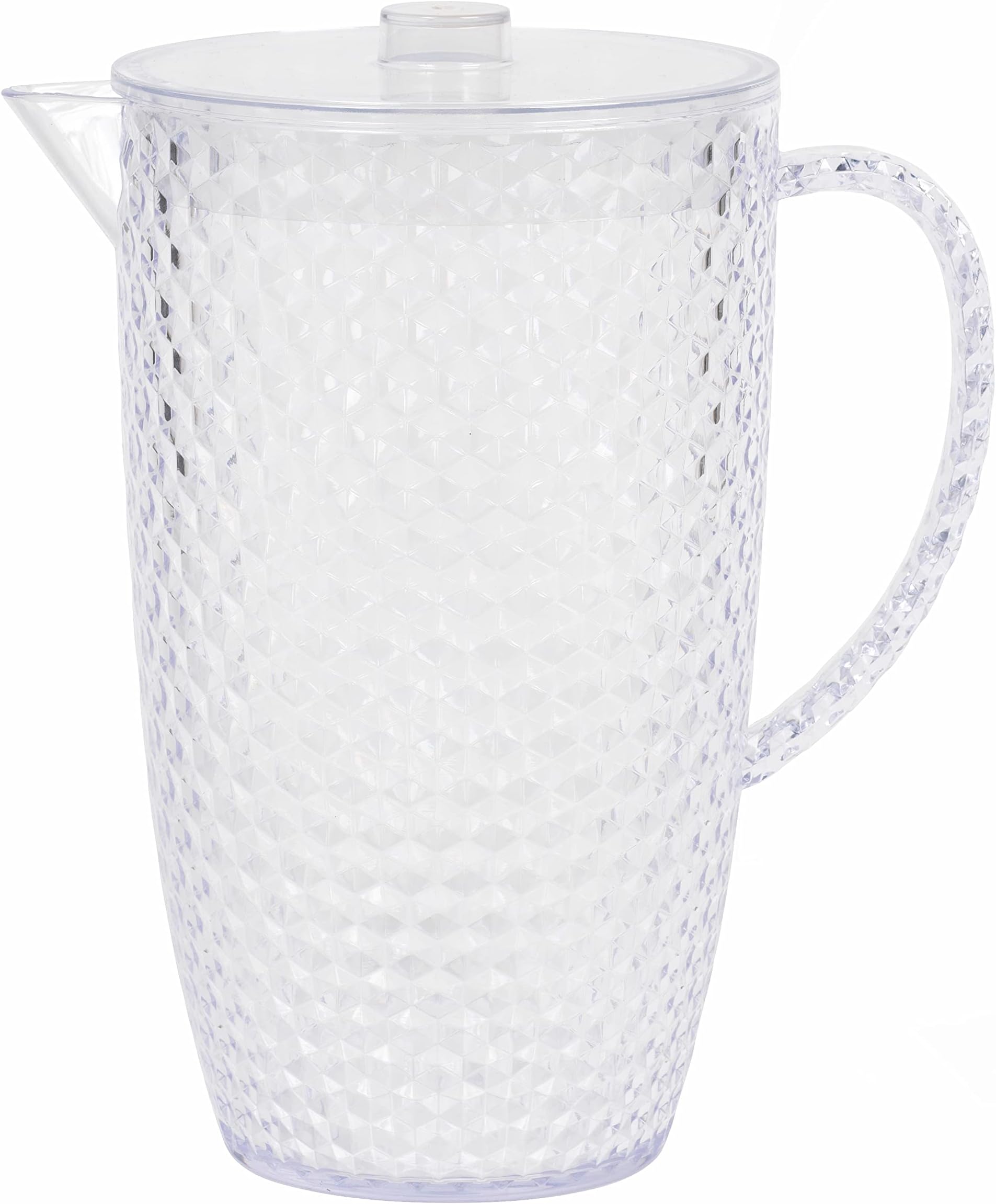 Cambridge Fete 2L Plastic Jug โ Cocktail/Sangria Pitcher with Lid & Vented Spout, for Picnics, Camping, BBQ, Party, Outdoor/Indoor, Hot Tubs/Pools, Clear Diamond Effect BPA-Free Plastic, Punch, Juice