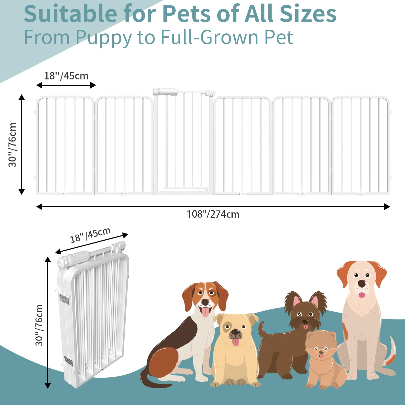 Xifamniy Freistehendes Hundegitter mit Tür, faltbarer Metallzaun, für drinnen und draußen, extra breit, 6 Paneele, 76,2 cm hoch, 274,4 cm breit, mit Stützfüßen für Türen, Weiß