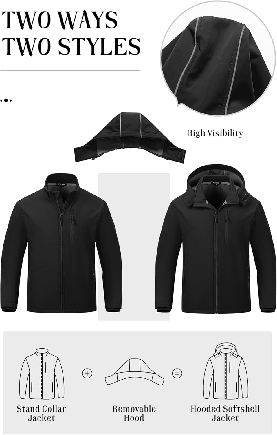 Pursky Men's Softshell Jacket Waterproof Fleece Lined Windbreaker With Removable Hood Lightweight Tactical Jacket - Image 3