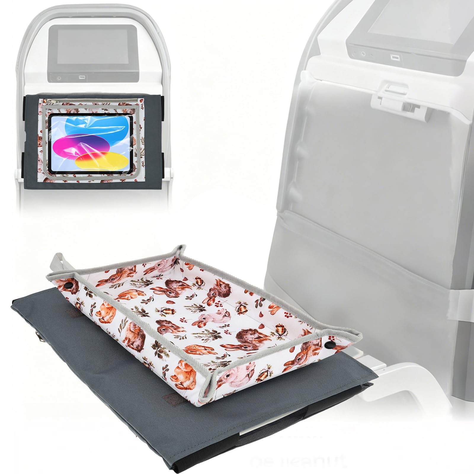 Zhjiutak Airplane Tray Table Cover, Portable Kid Travel Tray Cover with Transparent Pocket and Nonslip Base for Travel Snack Toy(Rabbit)