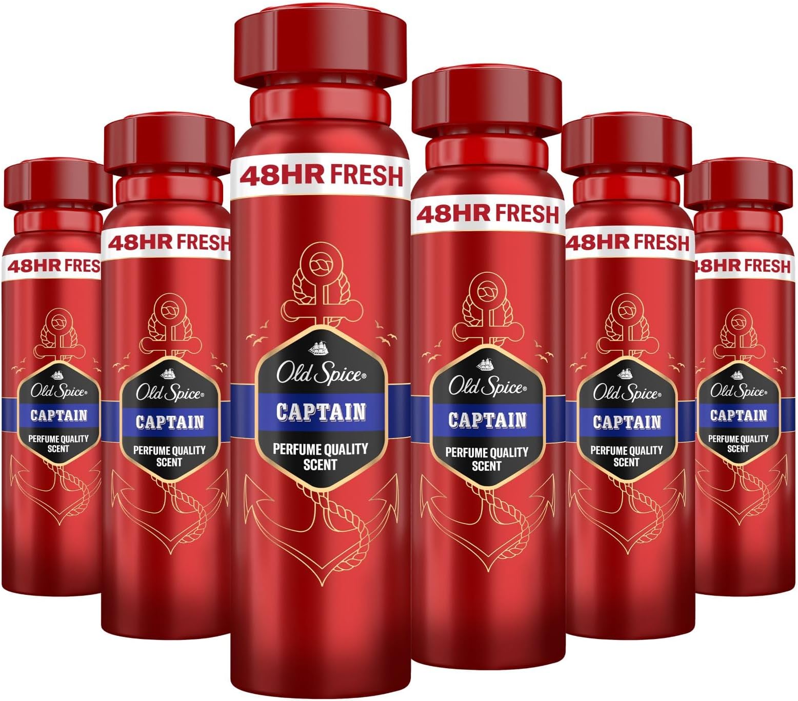 Captain Deodorant Body Spray For Men 150 ml, 48H Fresh, 0 Percent Aluminium Salts, Anti-White Marks and Yellow Stains x6