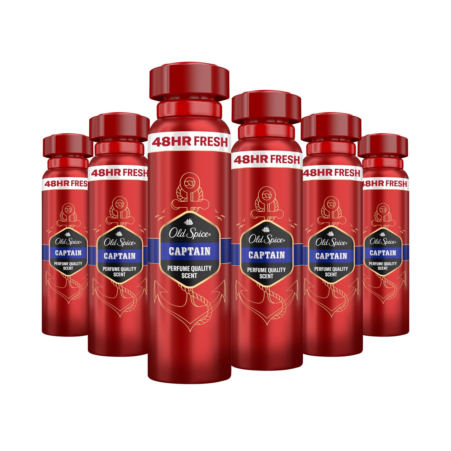 Captain Deodorant Body Spray For Men 150 ml, 48H Fresh, 0 Percent Aluminium Salts, Anti-White Marks and Yellow Stains x6