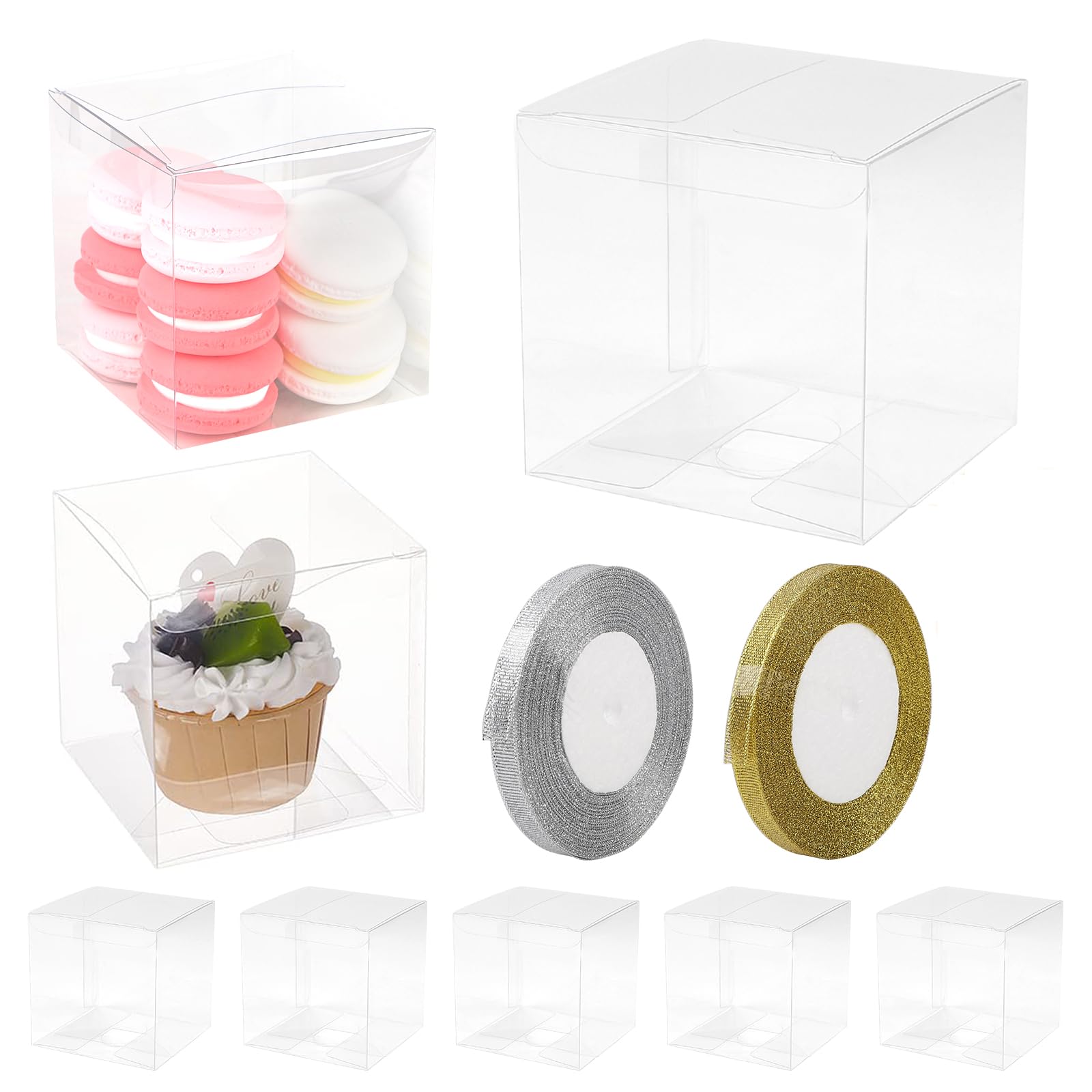 lalago 30Pcs PVC Scatole Trasparenti per Bomboniere, Scatoline Trasparenti per Cioccolatini per il Confezionamento di Dolciumi,PVC Cubo Trasparente con 2 Rotoli di Nastri Oro（9 x 9 x 9cm）