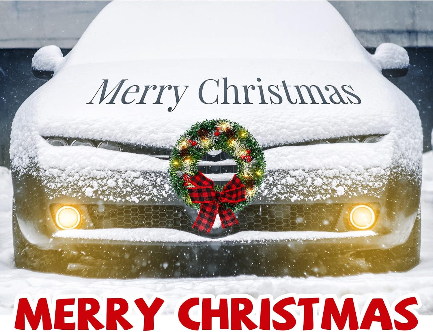 Canlierr Christmas Car Wreath with Lighted Christmas Wreath LED Decoration Artificial Xmas Truck Decor with Red Bow for Vehicle SUV Outdoor Decor(Classic Style)