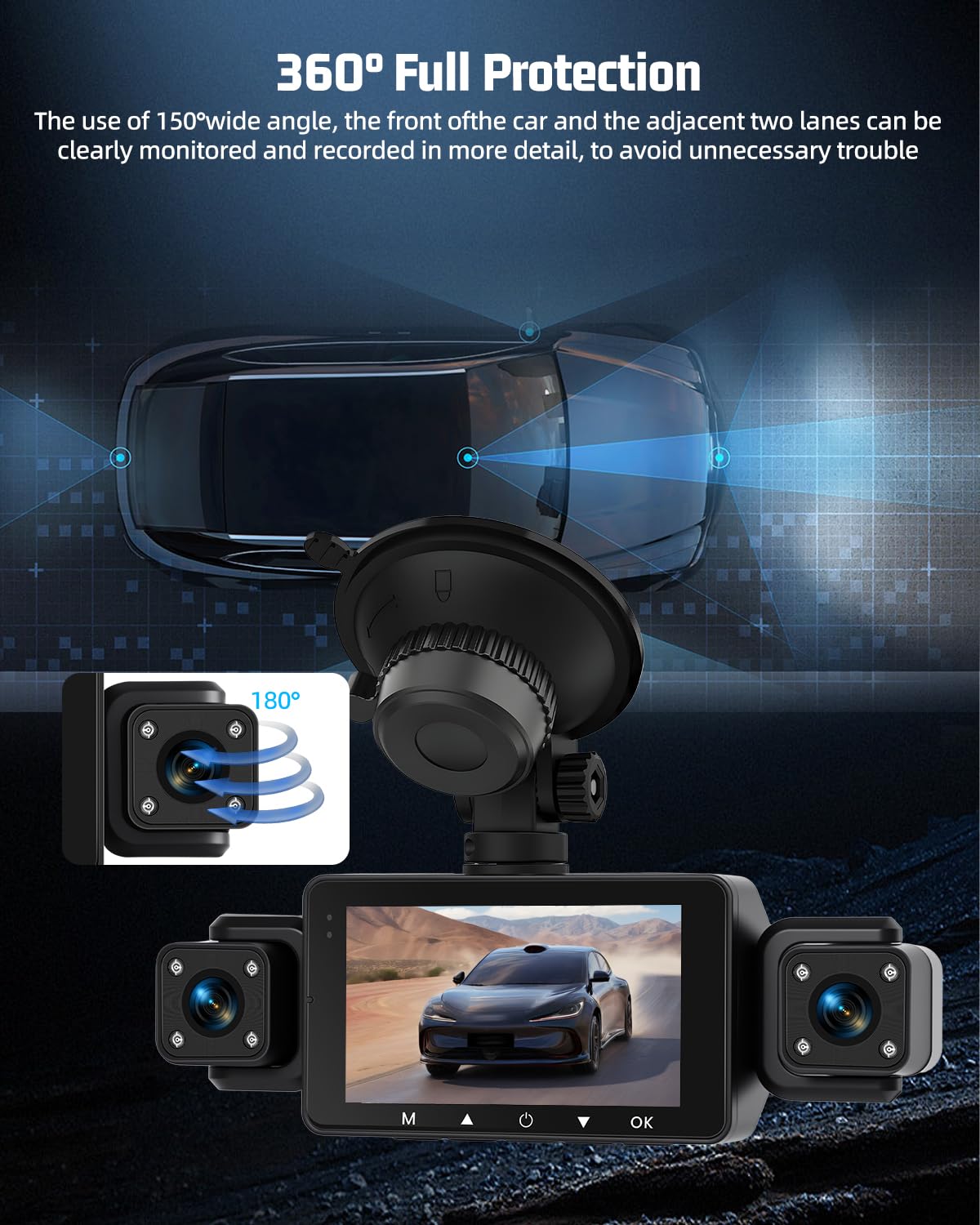 NHOPEEW Cámara de Auto 360° de 4 Canales – Cámara de Auto 1080P con G-Sensor/Control App WiFi, Visión Nocturna IR/Grabación en Bucle/Detección de Movimiento