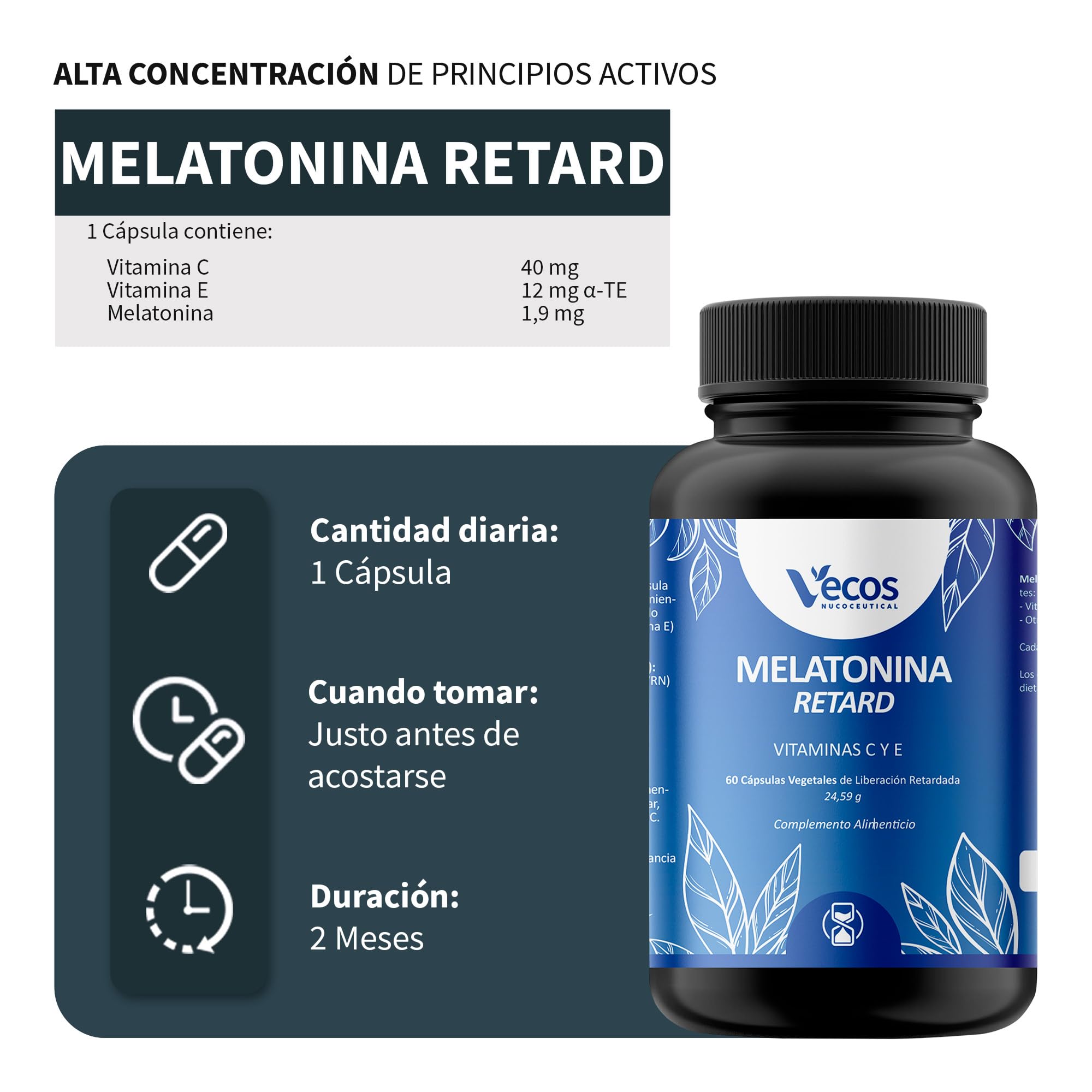 Melatonina Pura de Liberación Retardada para Dormir Bien toda la Noche - Ayuda a Regular el Ciclo Natural del Sueño - Efecto Inmunoestimulador
