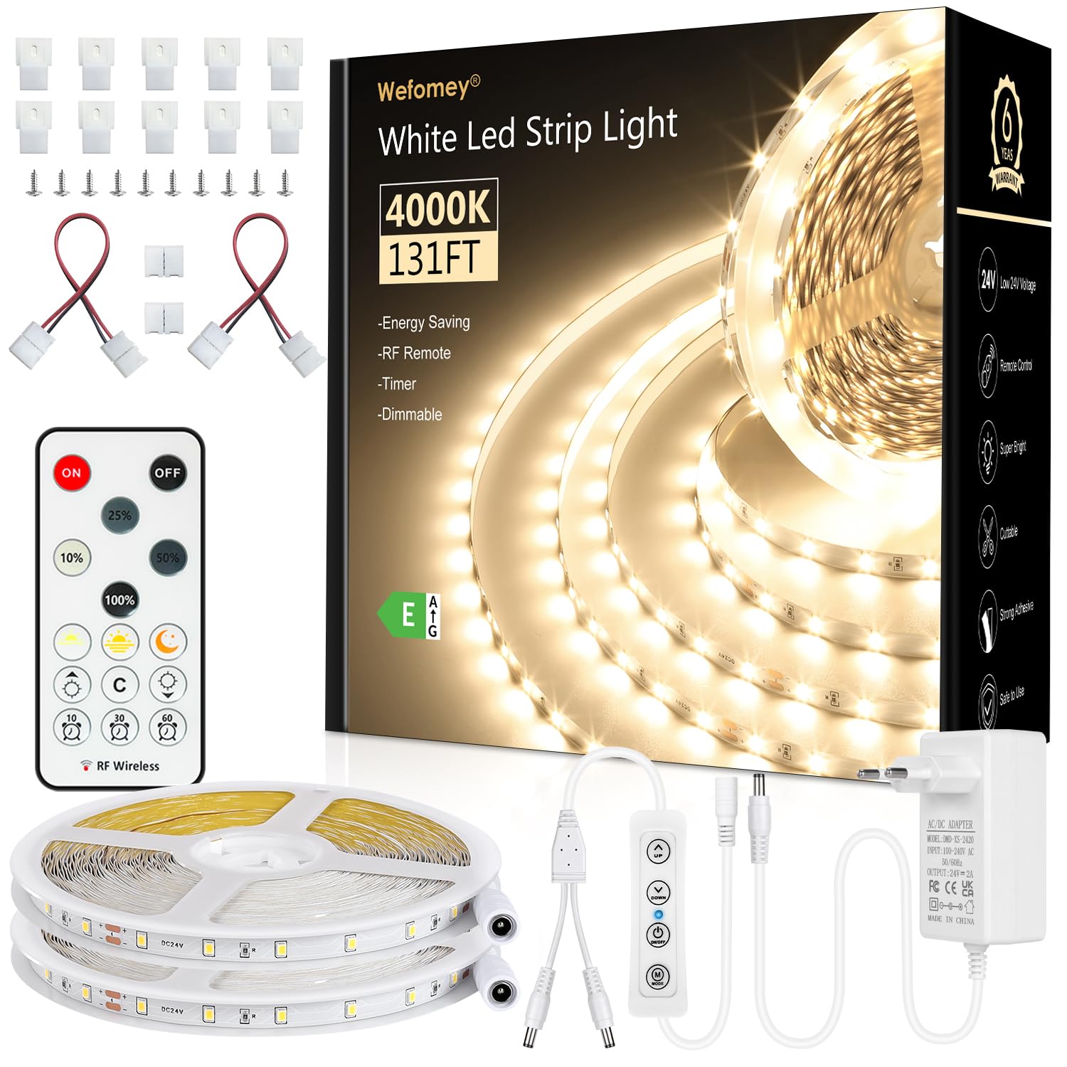 Wefomey LED Strip 40M, LED Streifen Naturweiß 4000K, 24V Selbstklebend Weiß Flexible DIY LED Lichtband Set, Timerfunktion, 1920 LEDs, mit RF Fernbedienung und Netzteil für Innen Heim Küche Deko