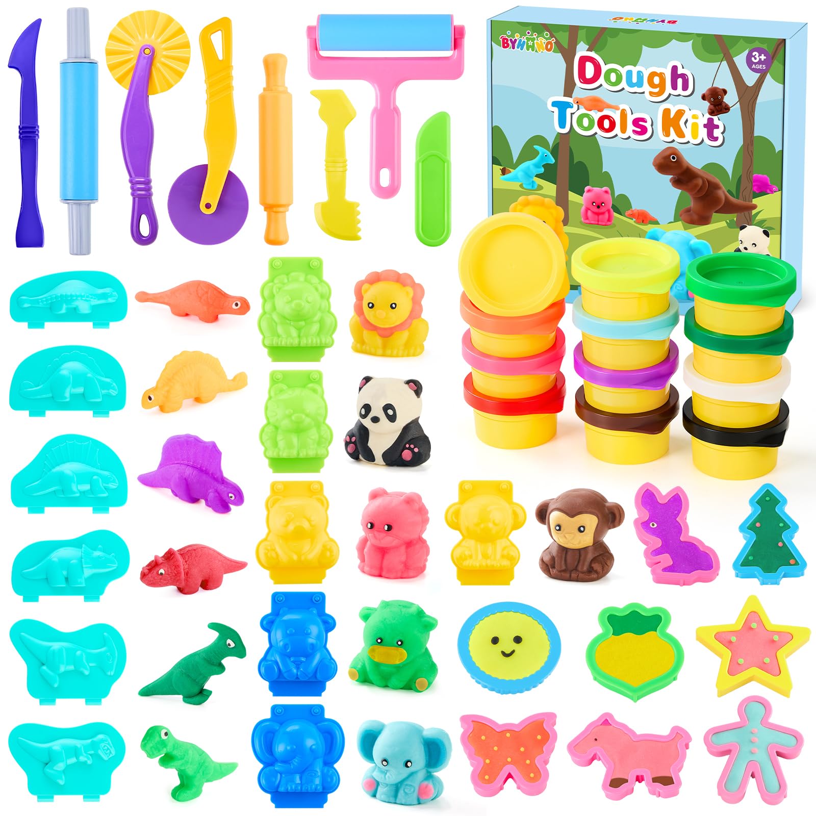 BYHANO 12-Color Polymer Clay & 28-Piece Tool Set, DIY Clay Tools Including Mini Knives, 3D Animal Molds (Dinosaur, Panda), Kids’ Craft Kit, Gift for Boys & Girls Aged 3+