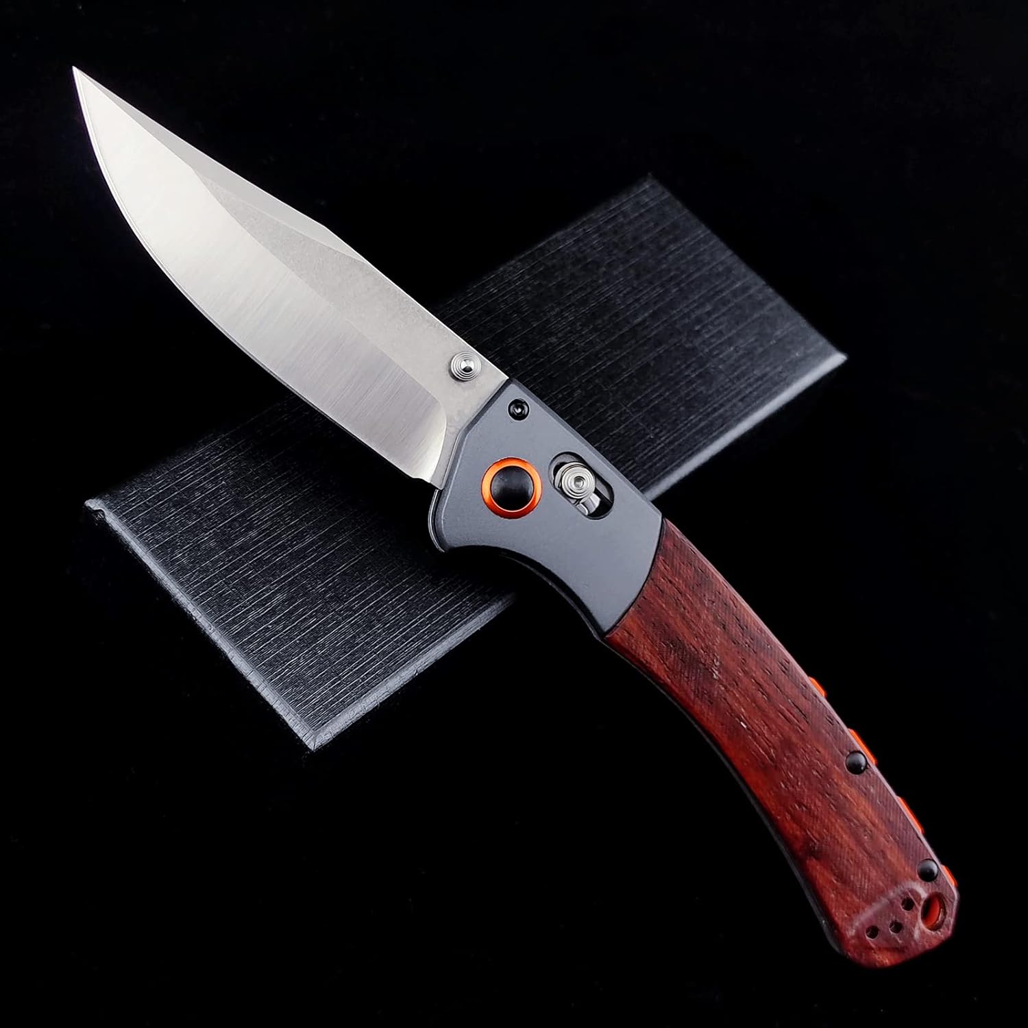 EDC Folding Pocket Knife, D2 Blade, Wood Handle, Thumb Stud Manual Open Camping Folding Knife for Outdoor (Orange)