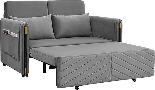Miniatura 8 de LUMISOL Sofá cama convertible de 54 pulgadas, moderno sofá cama tapizado de terciopelo con cama extraíble, sofá extralargo con 2 almohadas y