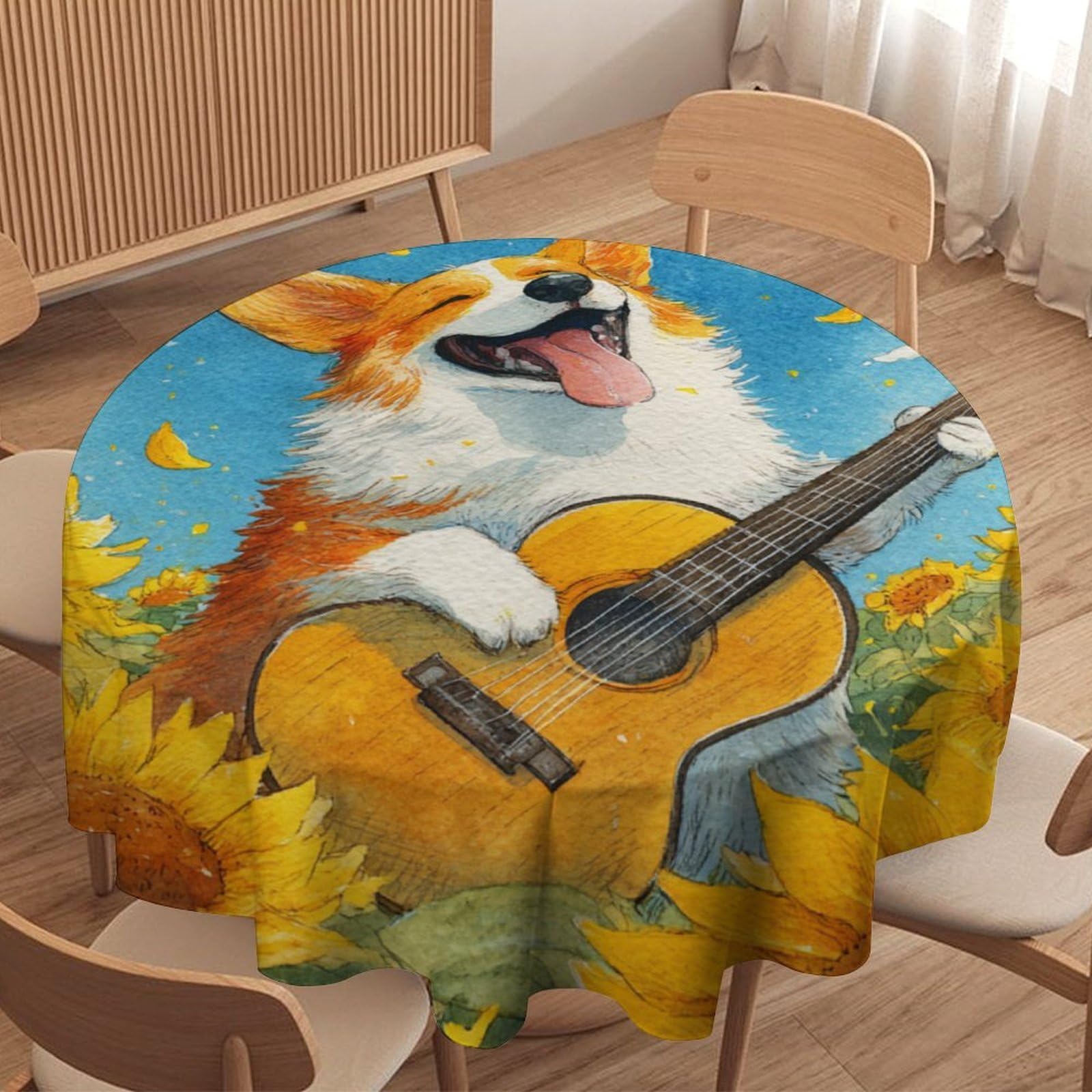 LUYYSKY Colorful Realistic Dogs Round Tablecloth Classic Anime Spring Farm Sunflowers Floral Animals Puppies Pattern Washable Decor for Table Cover for Kitchen-177.8" Wx177.8 L cm