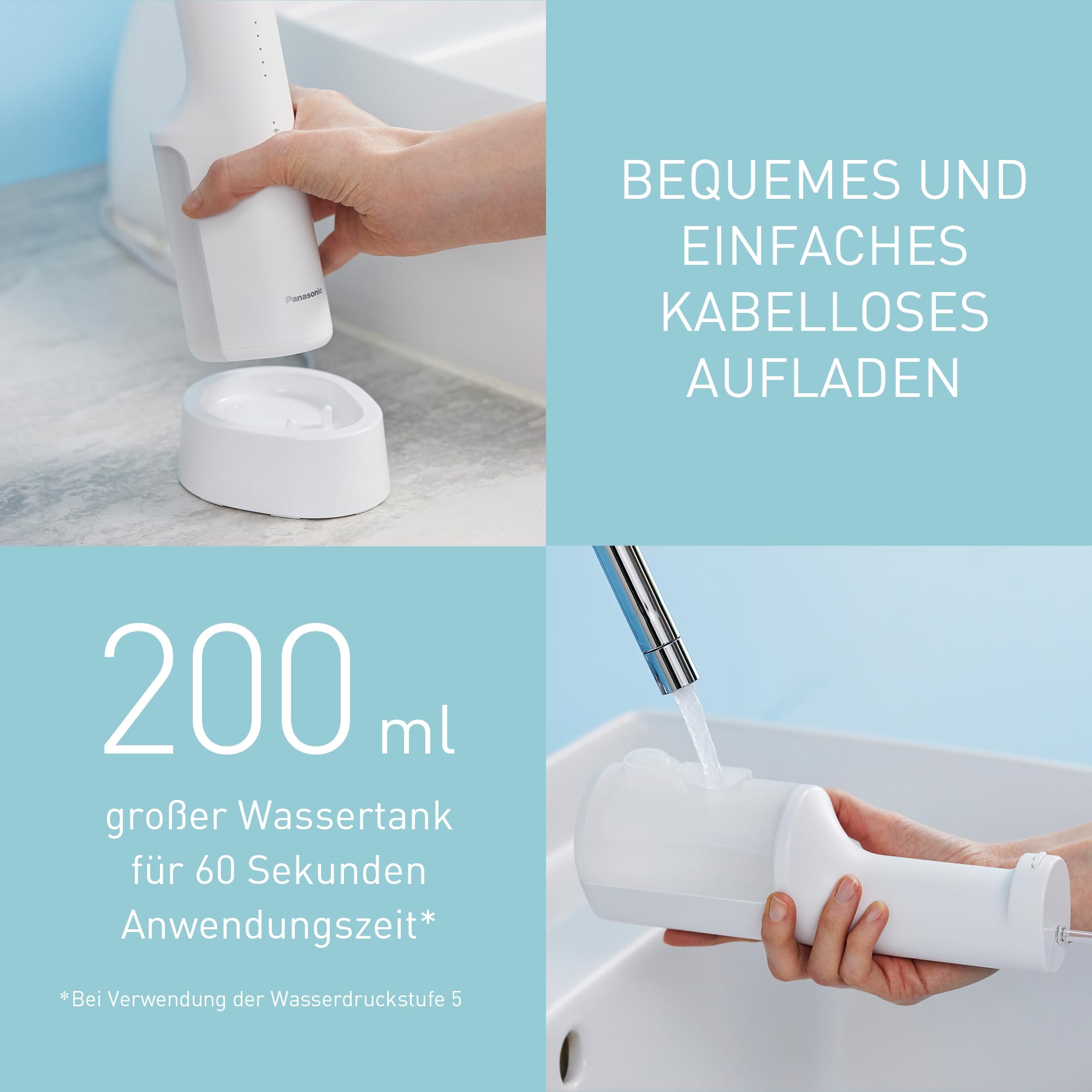 Panasonic Series 600 Ultraschall-Munddusche EW-DJ67-W303, Zahndusche, Munddusche kabellos, 200 ml, IPX7, 2 Ultraschalldüsen, 1 kieferorthopädische & 1 Zungenreinigungsdüse, 5 Wasserdruckstufen, Weiß