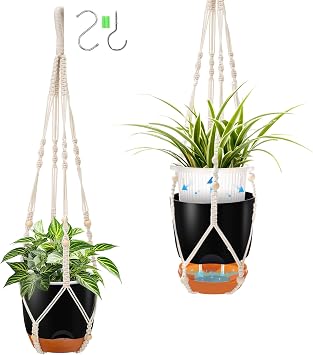 QCQHDU 2-Pack 7.2-Inch Macrame Self-Watering Hanging Planters, Black | Small Plant Pots, Indoor & Outdoor, With Drainage, Two Sets of Hooks