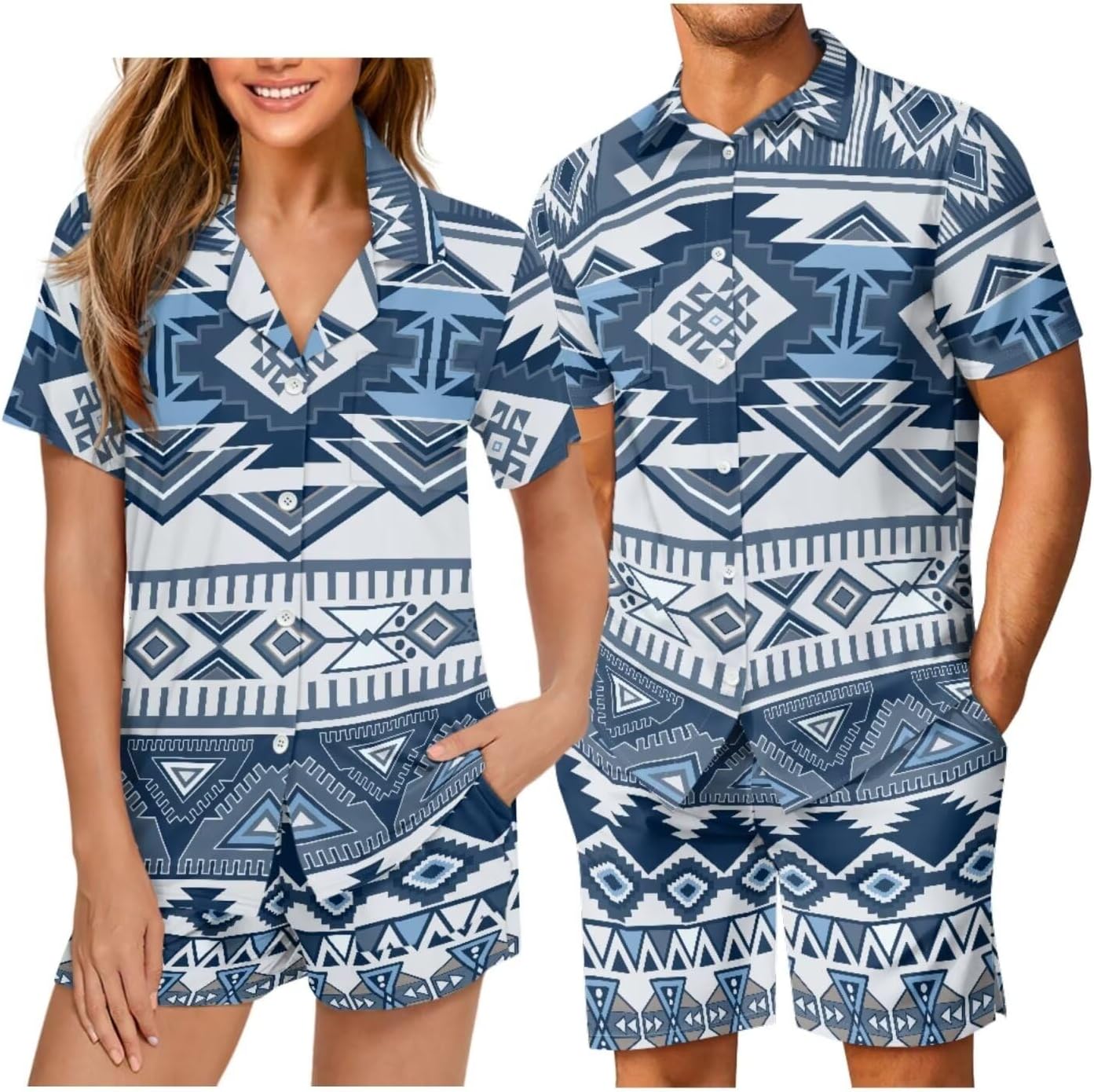 Aztec Couple Short Sleeve Shorts Pajama Set 3D Print Native American Patterns Button Down Casual Wear with Pockets