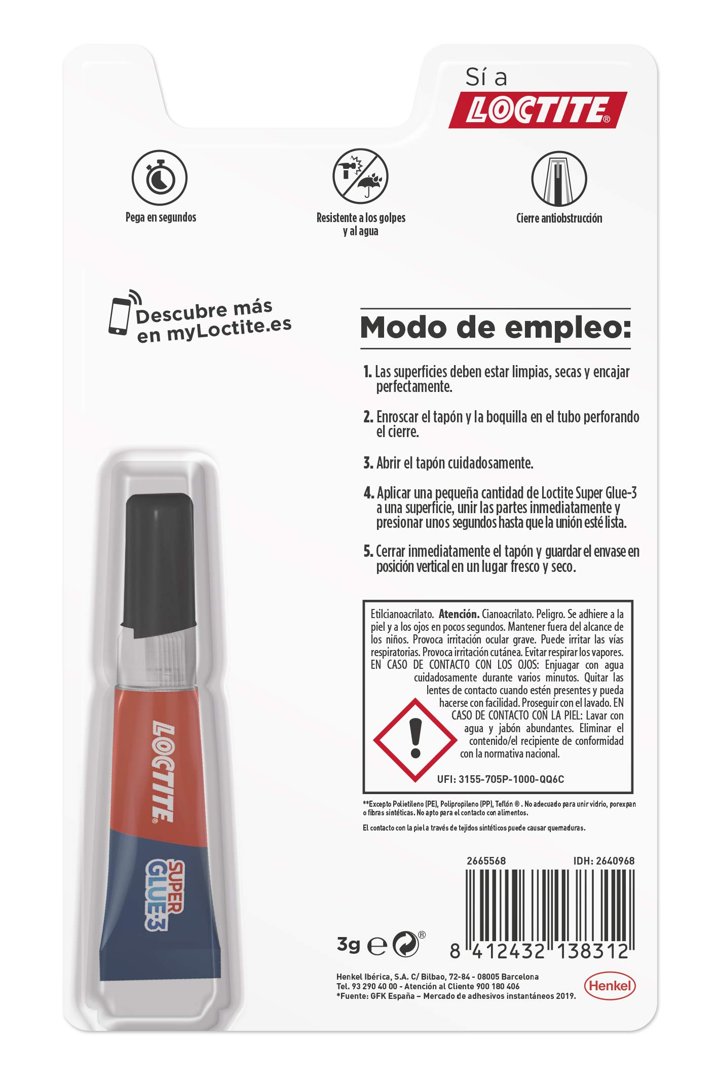 Pack de 10 unidades Loctite Super Glue-3 Original. Pegamento Universal Multimaterial y Triple Resistencia, Adhesivo transparente. Pegamento de Cianocrilato Instantáneo