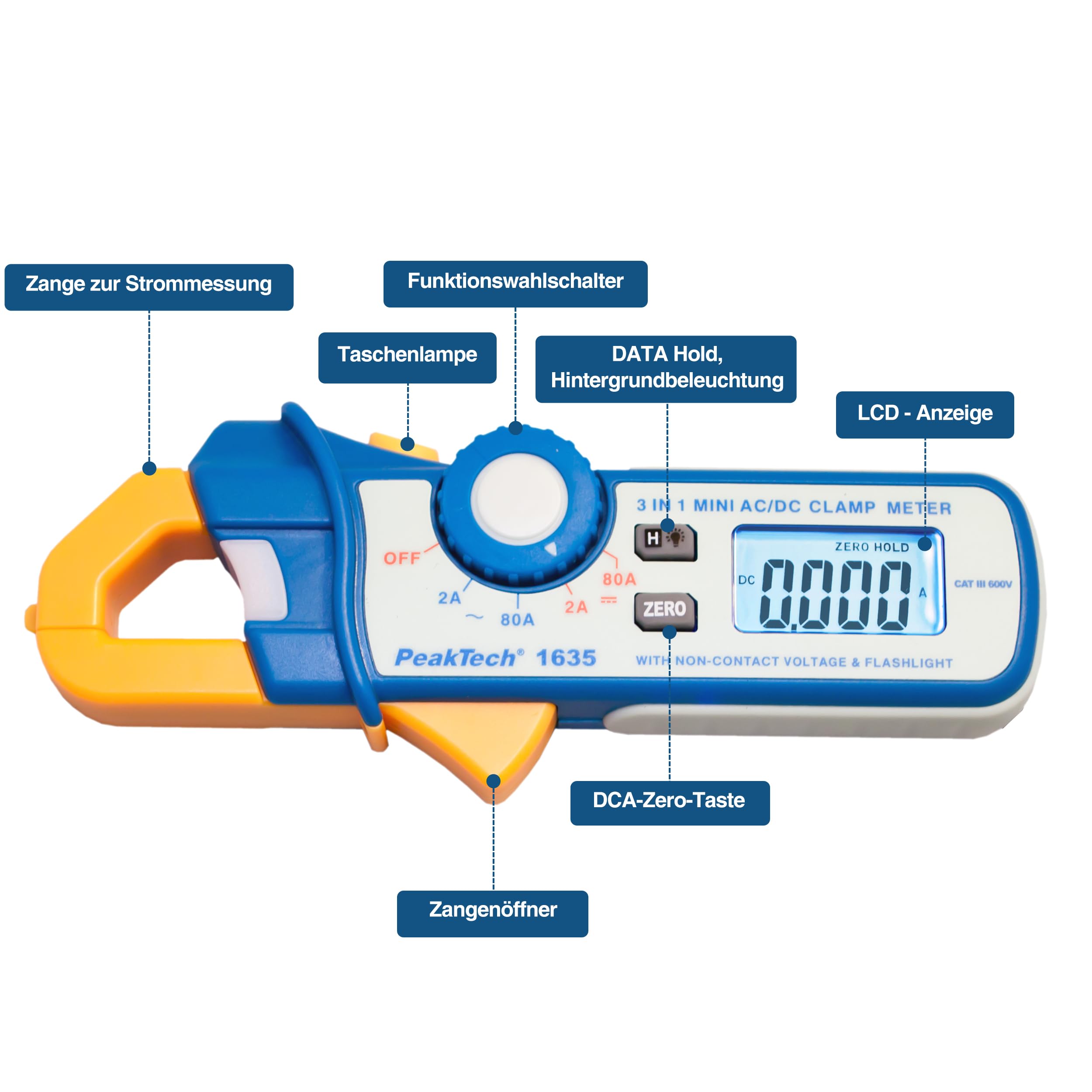 PeakTech 1635 - Strommesszange für Kriechstrom & Leckstrom 2A / 80A AC/DC