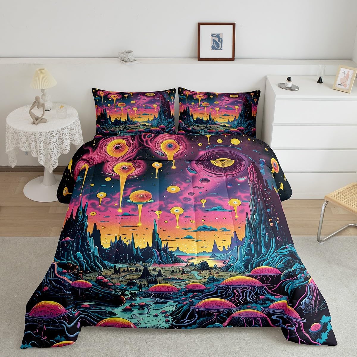 Manfei Alien Universe Teens Comforter Set,Mysterious Outer Space Skeleton Gothic Hippie Bedding Set All Season,Boho Eye Psychedelic Trippy Graffiti Comforter 3 Pcs with 2 Pillowcases,Queen Size
