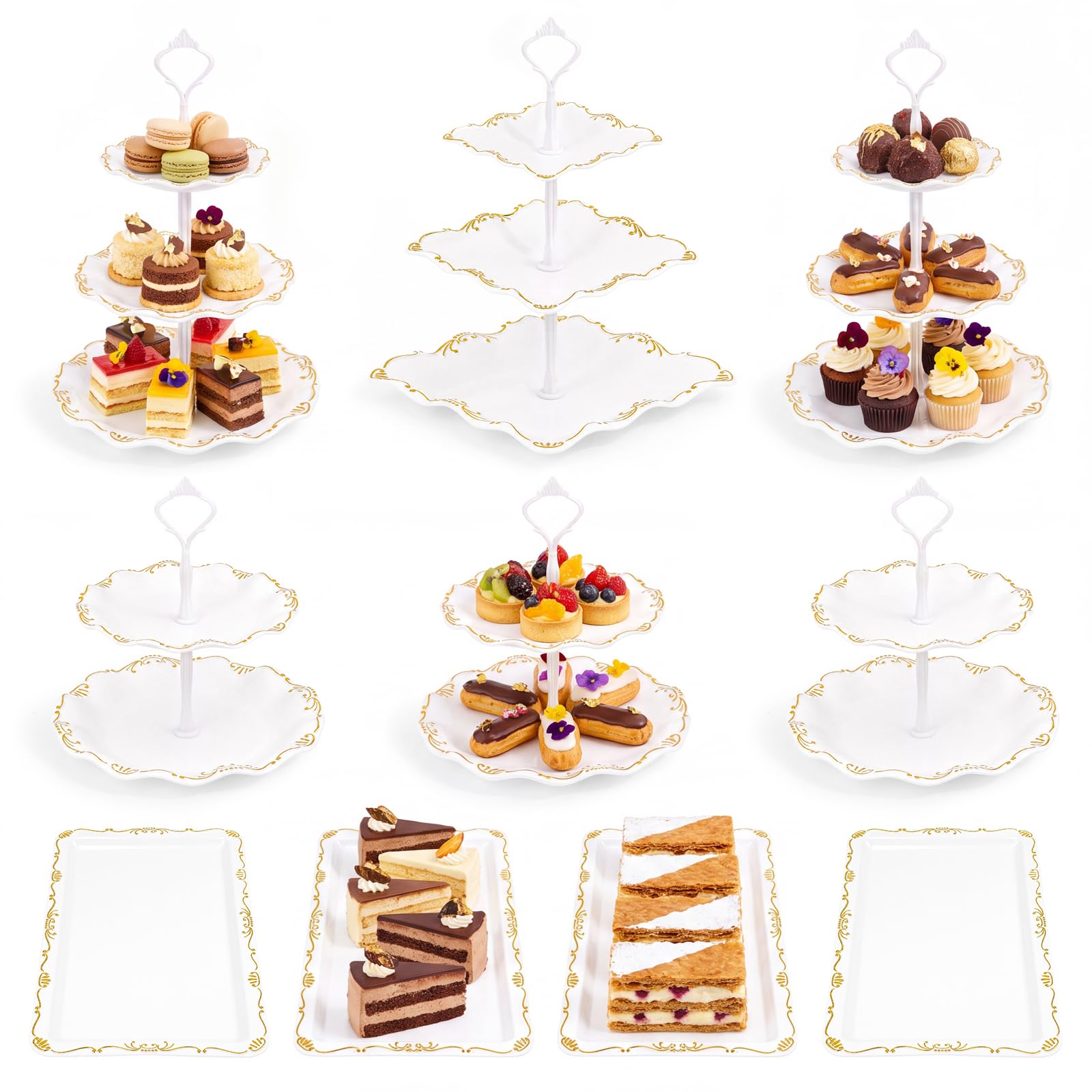 Photo 1 of 10 Pcs Cupcake Stand,Dessert Table Display Set with Gold Rim,3 x Three-Tier and 3 x Two-Tier Cake Stands,4 x Appetizer Serving Trays for Birthday, Wedding, Baby Shower,Tea Party (White)