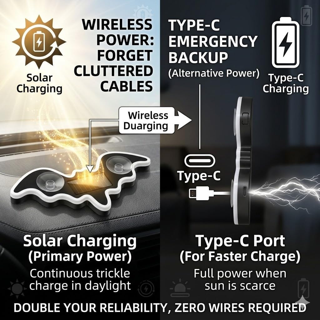 Solar Powered Bat LED Car Light, Wireless RGB Visor Atmosphere Lamp | 100% solar powered bat-shaped LED car lamp. Wireless RGB ambient light with dual smart motion light sensors & suction cup.