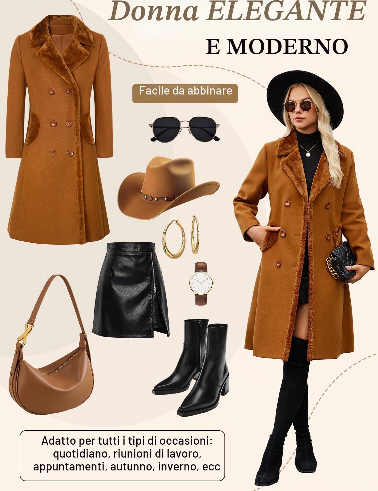 Yuson Girl Cappotto Donna Invernale Lungo Classico Doppiopetto Cappotto con Revers Autunno Invernale Caldo Cappotti Elegante Cappottino Trench Coat di Mezza Stagione con Tasche