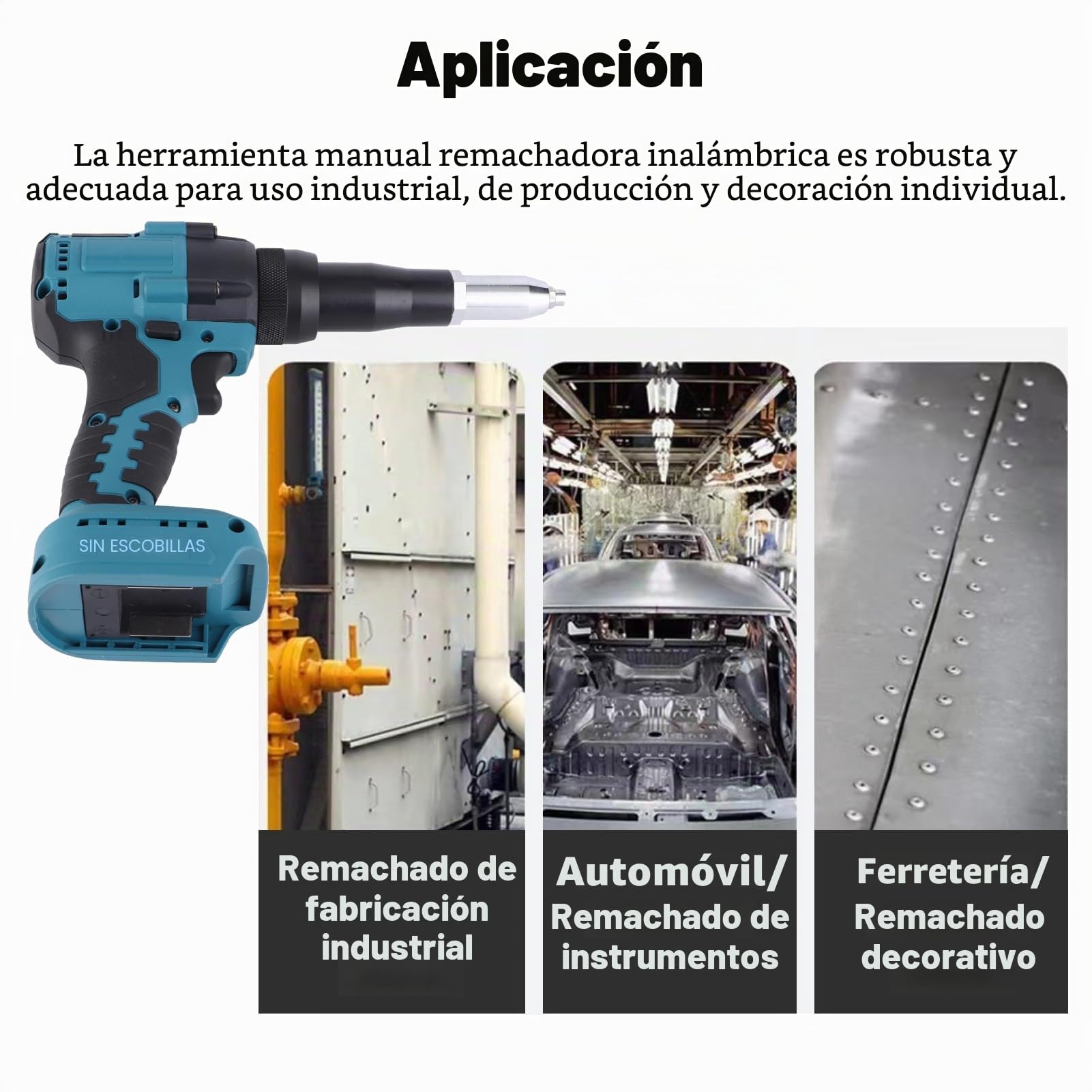 Pistola Remachadora Eléctrica sin Escobillas de 18 V, Pistola Remachadora Inalámbrica, LED Azul, Herramienta Manual de Tuerca de Remache Automática