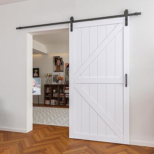 Miniatura 2 de Lakenyon Puerta corrediza de granero de 30 x 84 pulgadas, marco K con kit de herramientas incluidas, MDF y pintado de bricolaje, necesita montaje,