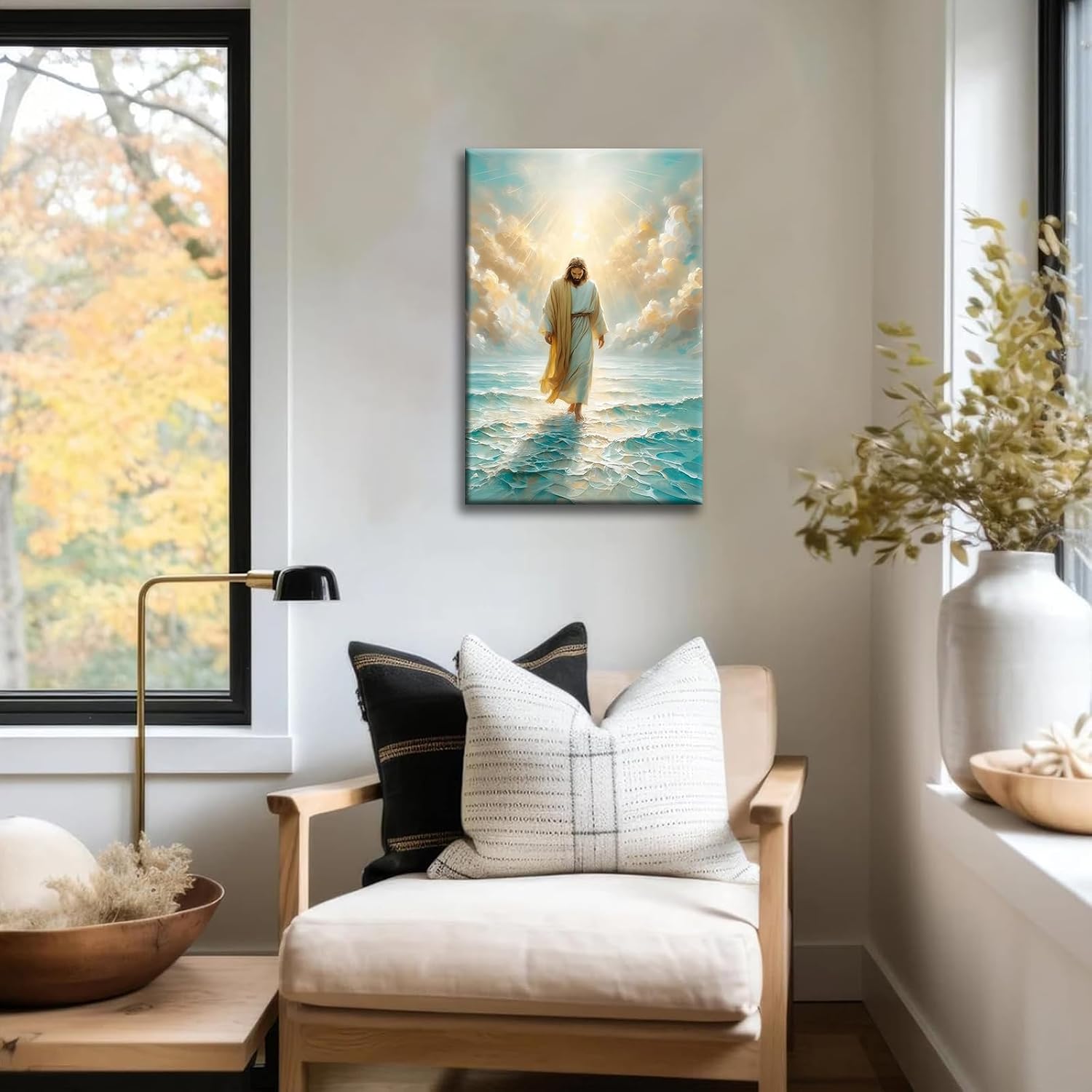 Framed Jesus Walking on Water Wall Art Canvas Print Christian Painting Catholic Poster Inspirational Picture for Living Room Bedroom Church Gallery Wall Decor Ready to Hang 16x24In