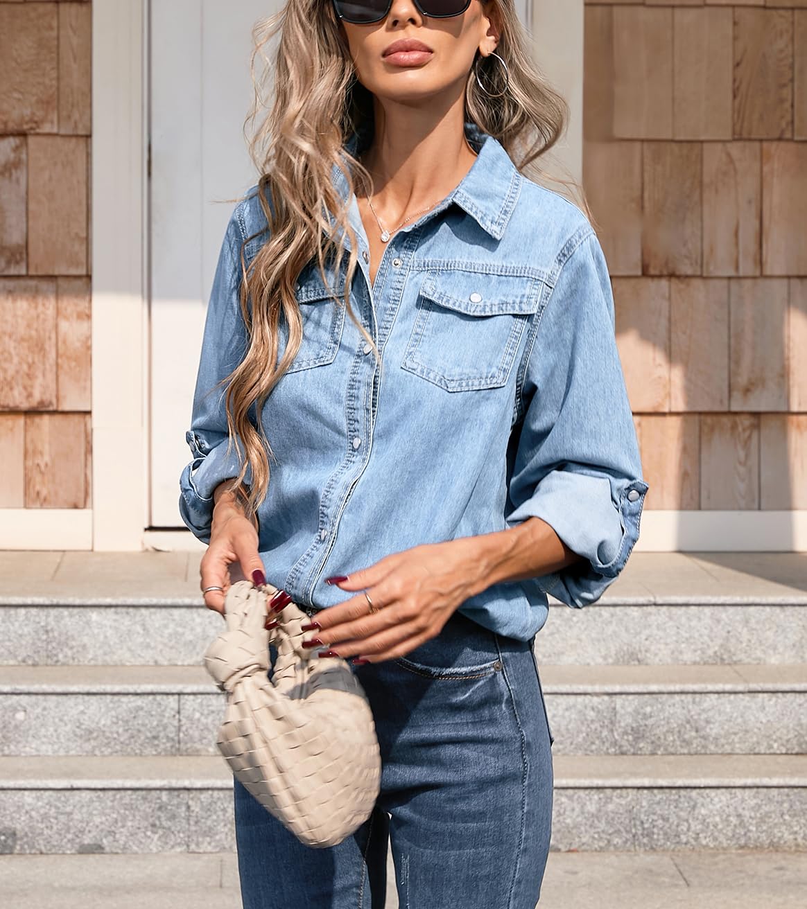 Kedera Klassische Damenbluse mit langen Ärmeln, mit Knopfleiste, Denim, Druckknopf-Oberteil