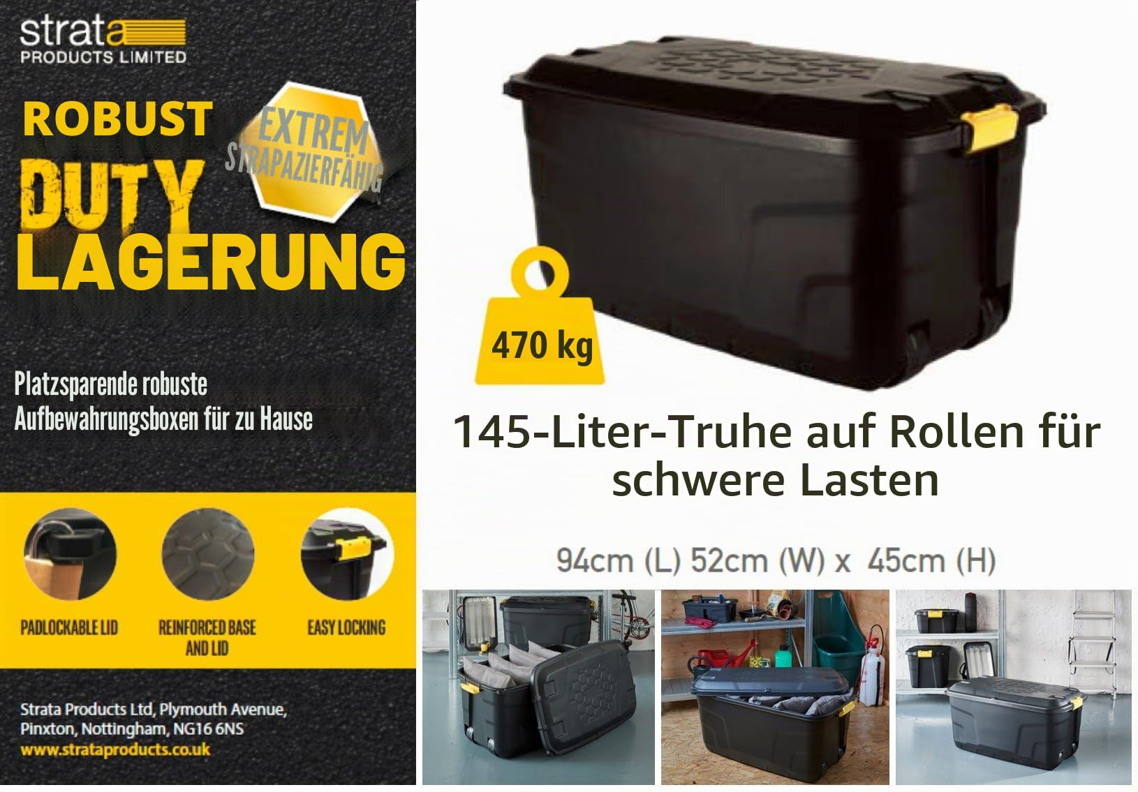 Strata Robuste Aufbewahrungsbox mit Rollen, 145 L, Schwarz, 94 x 52 x 45 cm