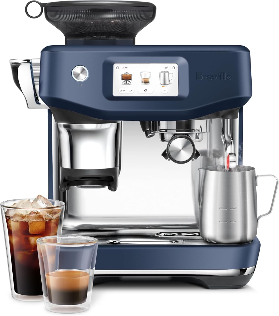 Breville BES881DBL Barista Touch Impress, Damson Blue | Enjoy cold extraction functionality for cold brew beverages with this semi-automatic espresso machine with built-in grinder